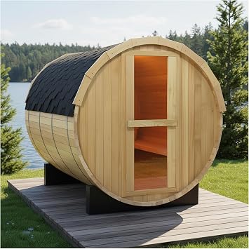 ZONEMEL Outdoor Barrel Steam Sauna, Canadian Hemlock Sauna Room for 4-6 Person, 6KW ETL TOULE Heater, Volcanic Stones, Asphalt Shingles, 8mm Tempered Glass, Water Bucket, Ladle, Lights, 220V, 194 F