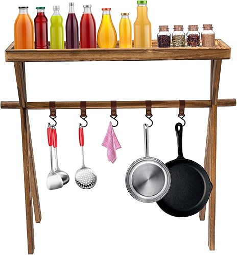 Estante de comedor para parrilla al aire libre, mesa de picnic de madera portátil, 5 ganchos de poliuretano extraíbles y desmontables, estante de