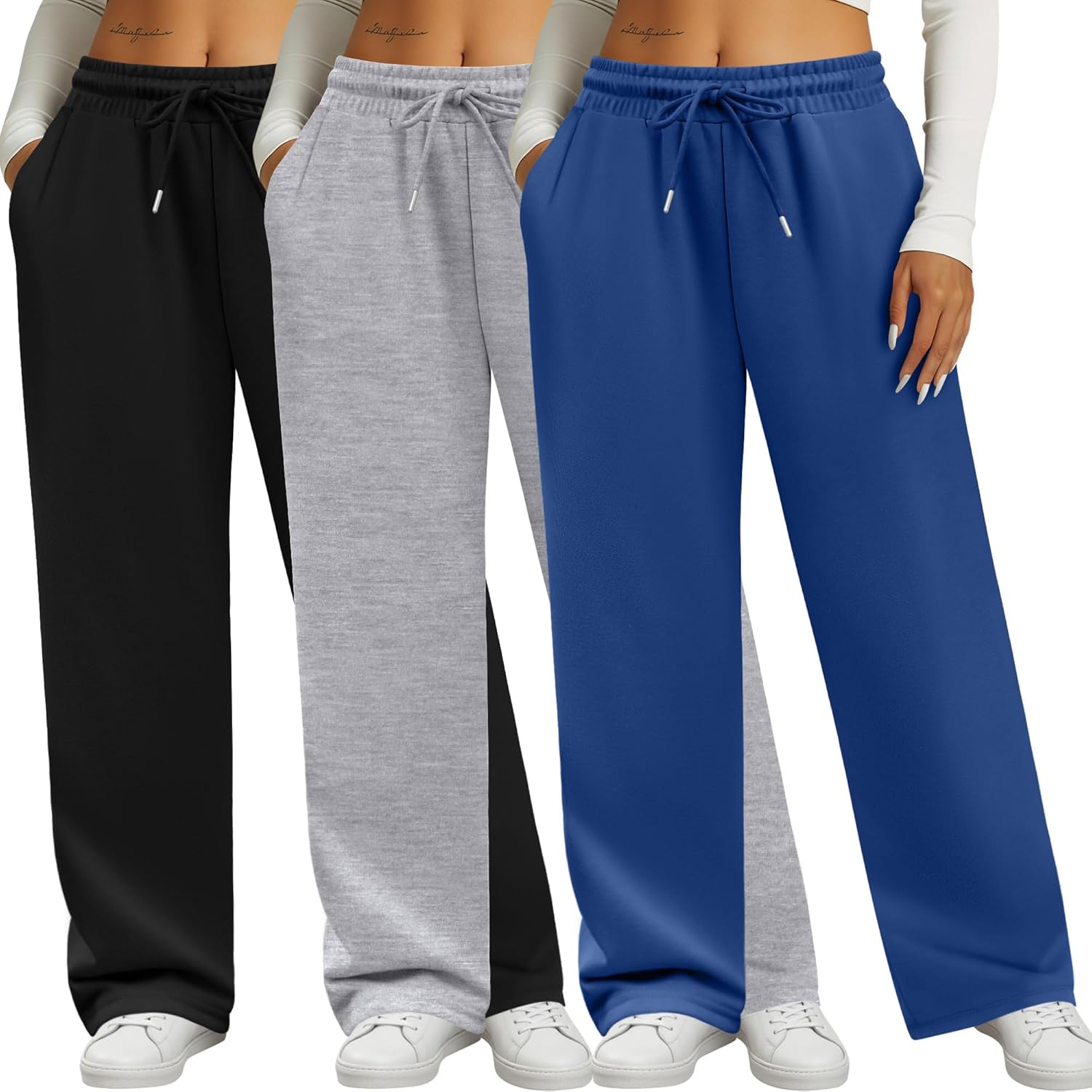 Neer 3 Pack Women's Sweatpants with Pockets, High Waisted Casual Yoga Pants Cozy Lounge Drawstring Loose Wide Leg Jogger