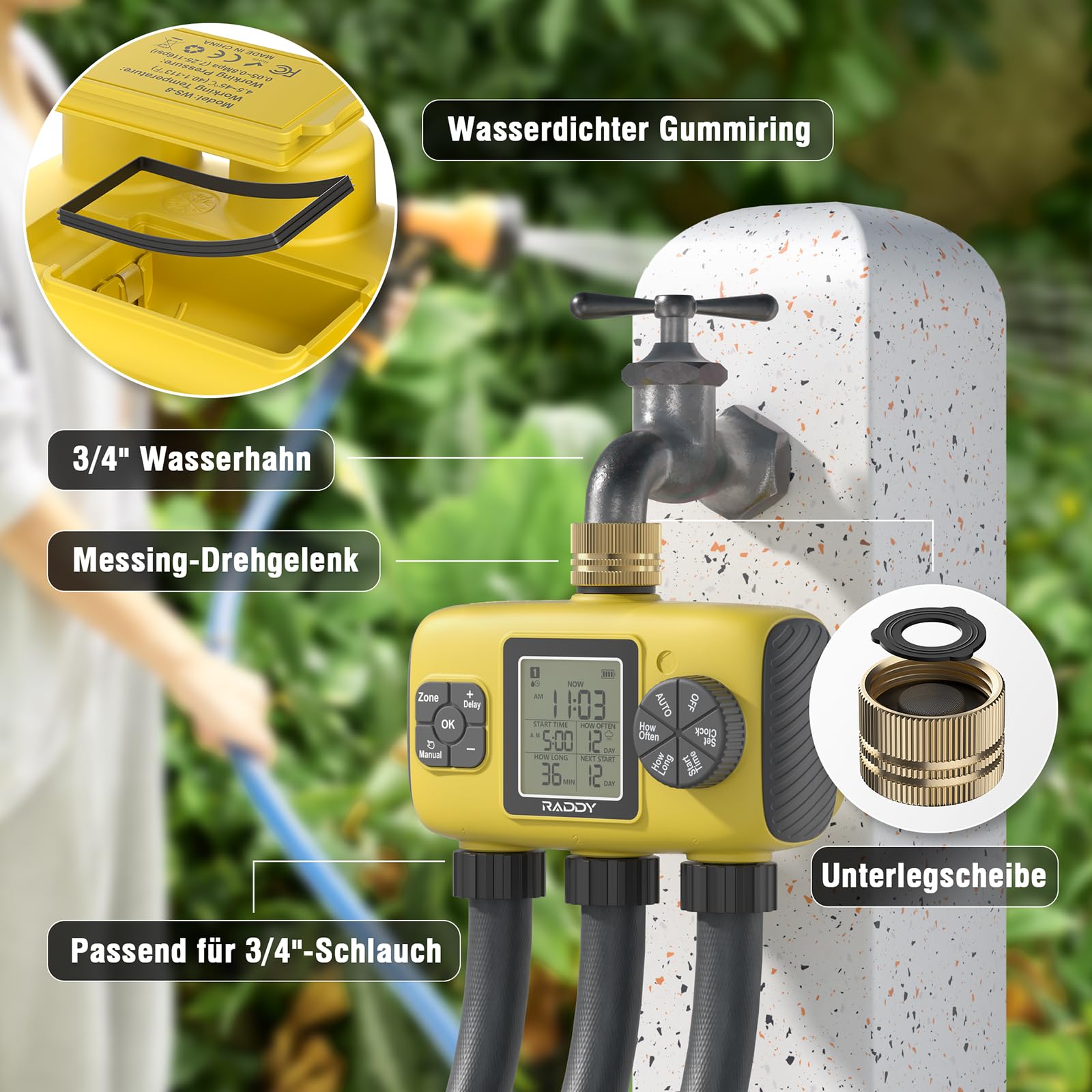 Raddy WS-8 Bewässerungscomputer 3 Ausgänge, Automatische Bewässerung Zeitschaltuhr mit manueller Bewässerung, Regenverzögerung, großes LCD-Display, IPX5 wasserdicht für Gartenhöfe, Gelb