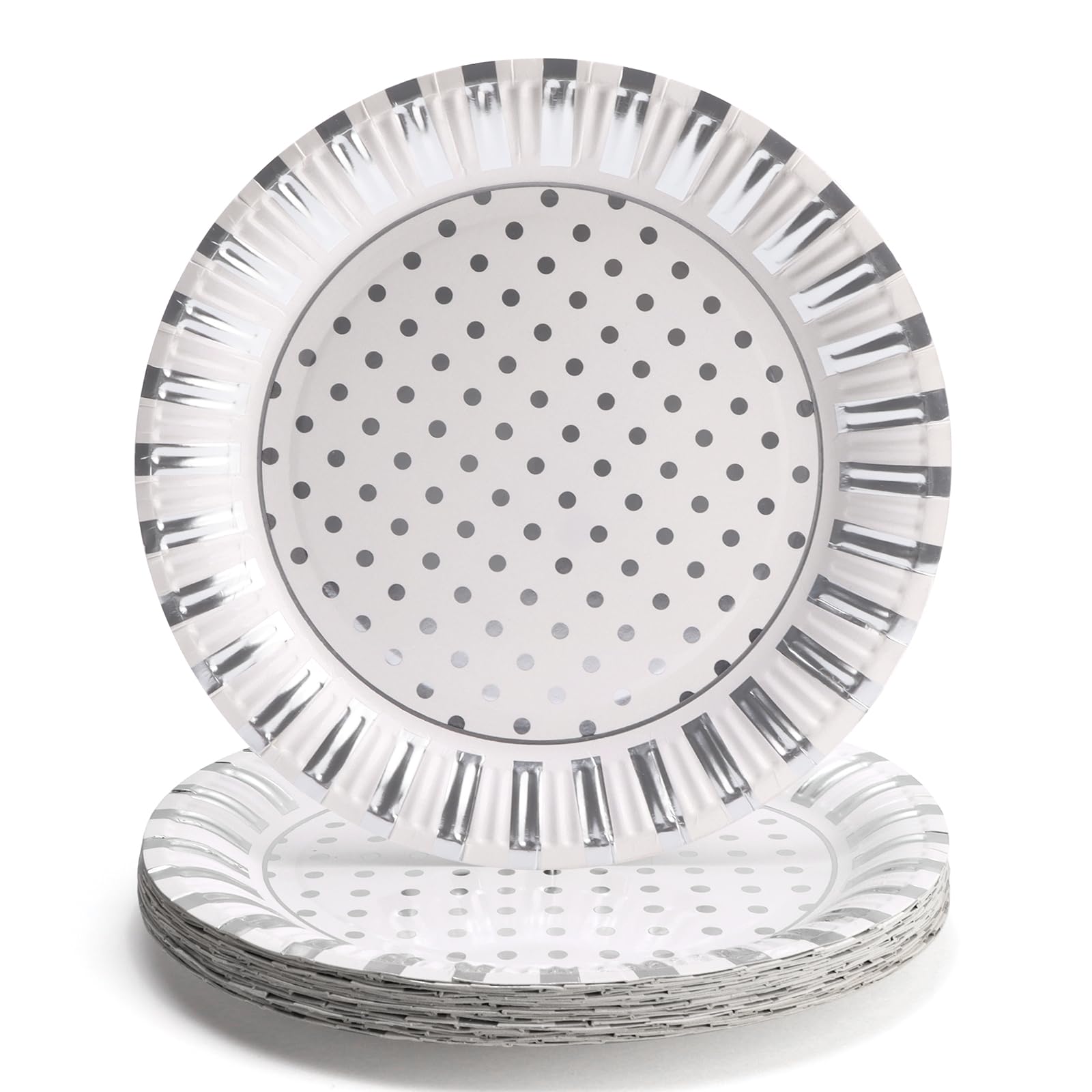 PARTY GO 24Pcs Sliver Stripe and Dot Party Plates for Dinner and Dessert Great 7" 18cm Paper Plates for Birthday Parties, Holidays, Weddings, Graduation Decorations for 24 Guests