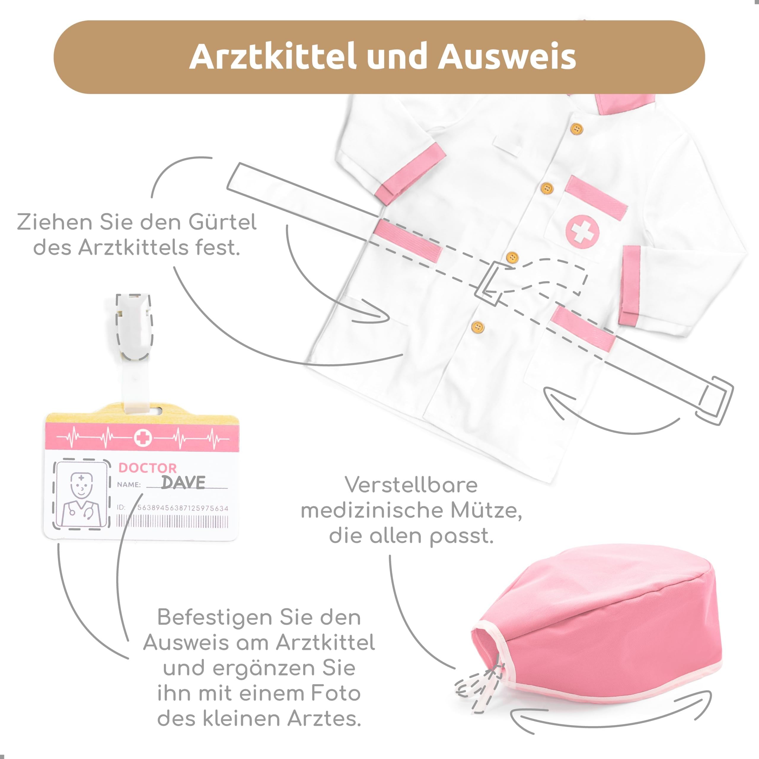 UMU® Arztkoffer Kinder Spielset aus Holz mit Arztkittel, Stethoskop, Zahnarzt Zubehör & mehr, Doktorkoffer Spielzeug für Rollenspiele, 20 TLG. Medizinisches Set für Mädchen ab 3, 4, 5 Jahren
