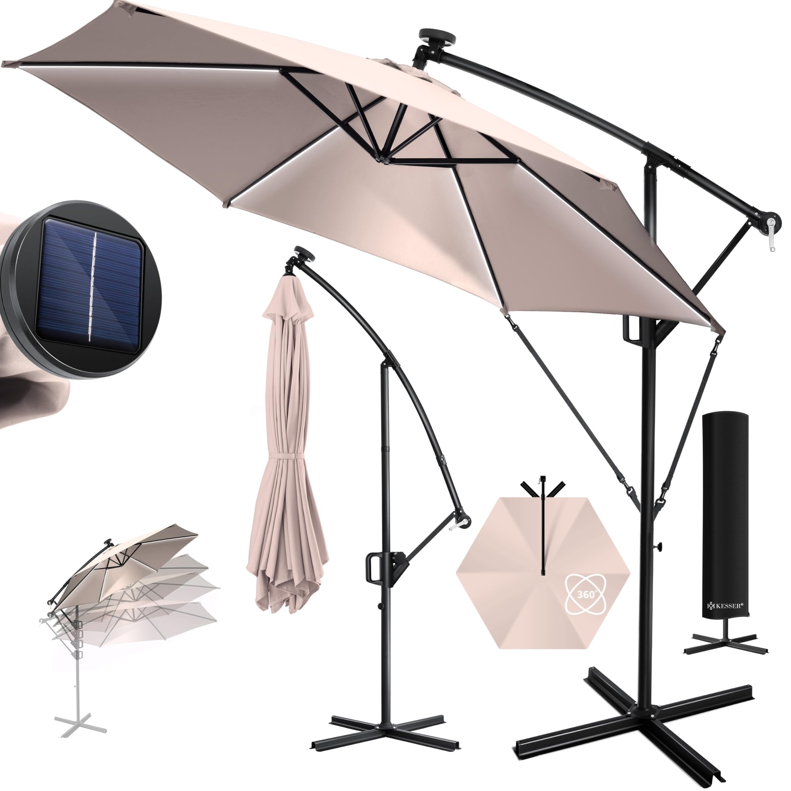 KESSER® ombrellone semaforico in alluminio ombrellone LED solare Ø300 cm / Ø350 cm + copertura con meccanismo a manovella con interruttore on/off protezione UV ombrellone idrorepellente in alluminio