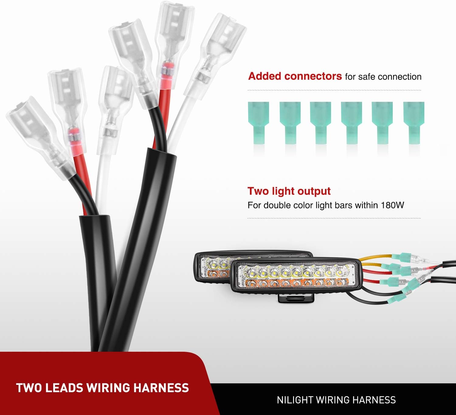 Nilight 10031W Amber White Dual Color Light Bar Wiring Harness Kit 16AWG with 12V Relay 15A Inline Blade Fuse Push Button Switch for Offroad Driving Light, 2 Leads