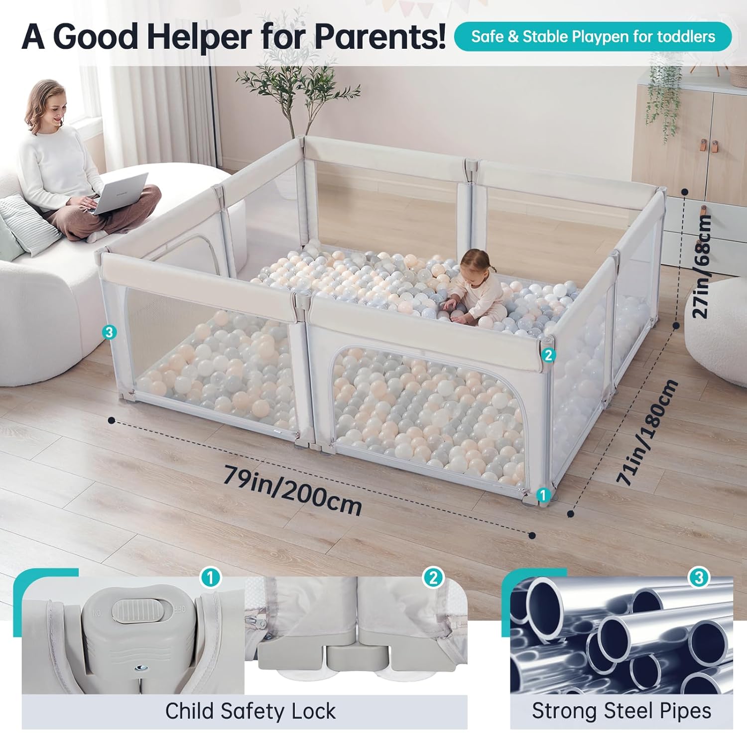 Dora dotey Light Grey Playpen for Babies and Toddlers, Foldable & Adjustable, 71x59x27 inches