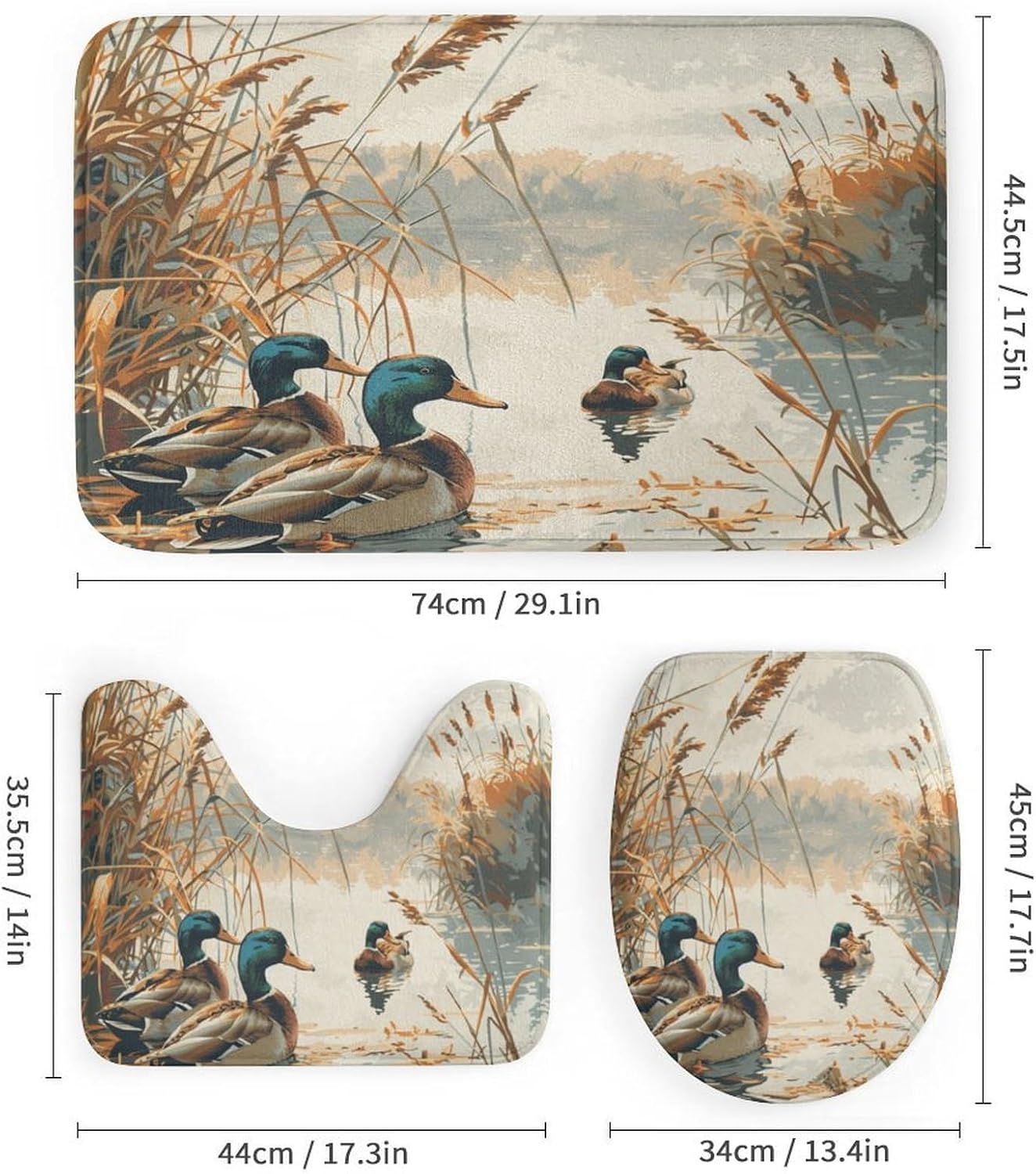 4Pcs Wild Lake Duck Shower Curtain Set with Toilet Lid Cover U-Shaped Mat and Non-Slip Rugs, Rustic Animal Plant Scenery Shower Curtain Bathroom Decor Set, 72" x 72"