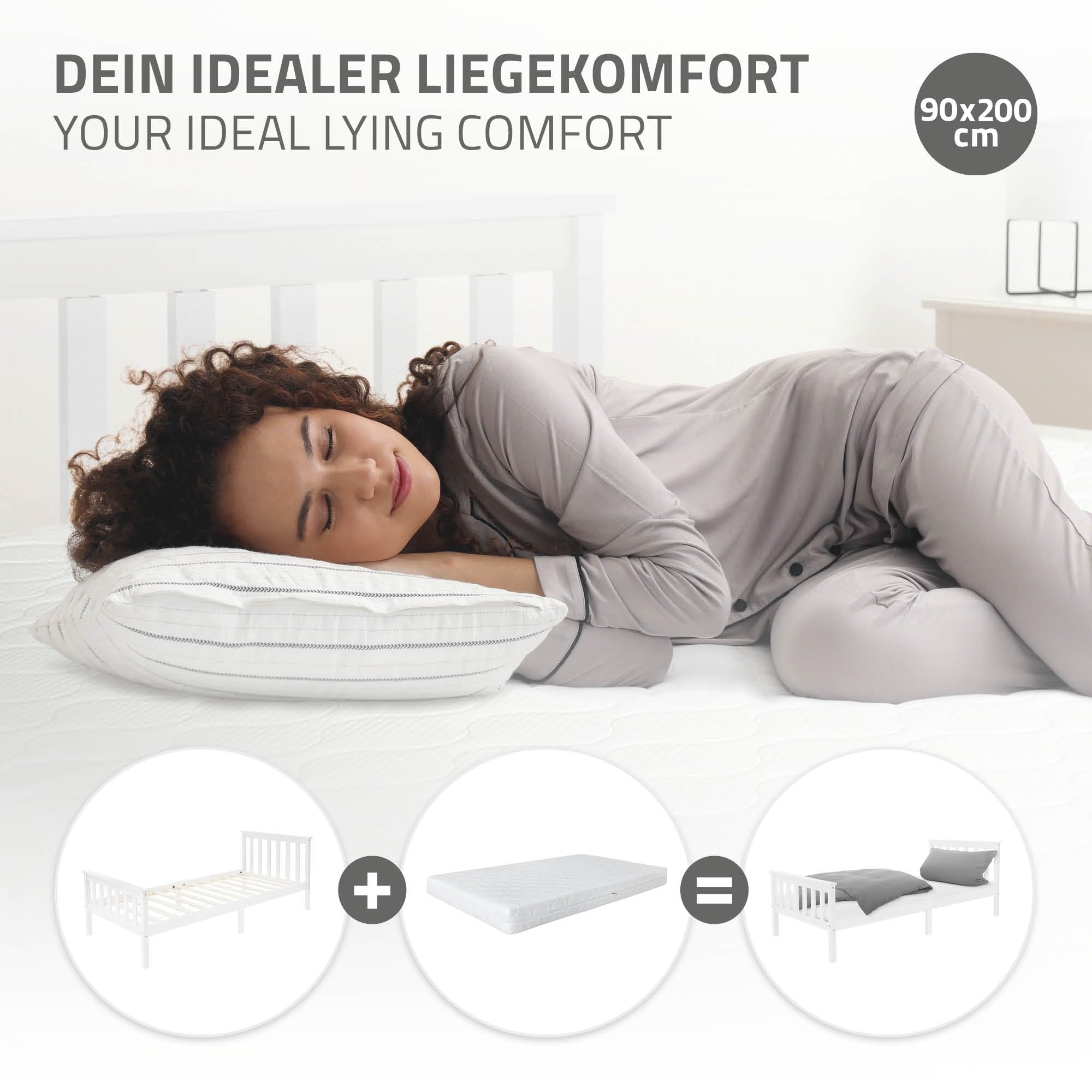 ML-Design Letto Singolo in Legno di Pino Massiccio 90 x 200 Colore Bianco, con Telaio Rete a Doghe Testiera e Pediera, Lettino per Bambini, Giroletto per Ragazzi e Adulti, Struttura Solida