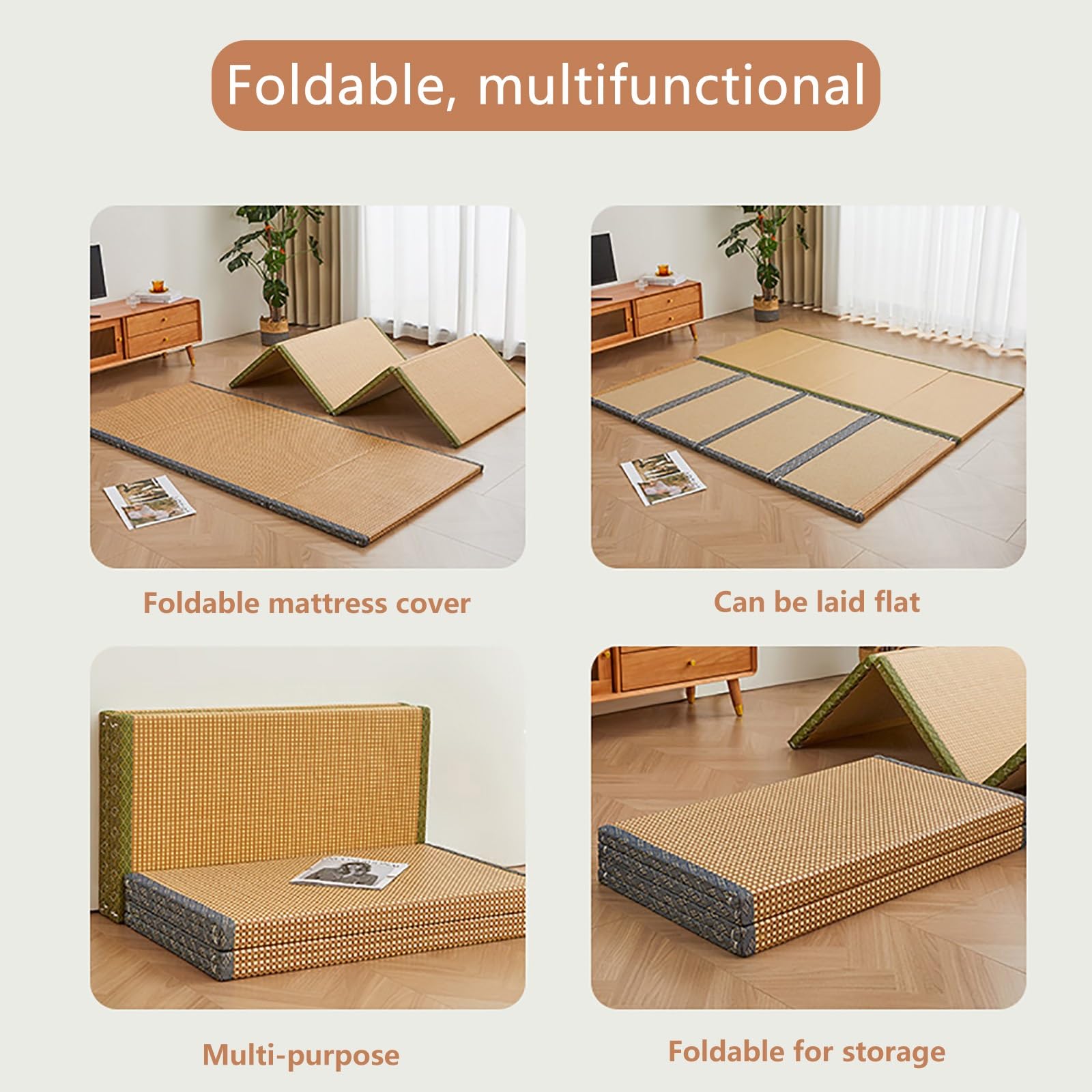 Japanische Tatami Matte Klappmatratze 5cm Dick Futon Matratze Kühl Atmungsaktiv 60x180x5cm Gray+Wood