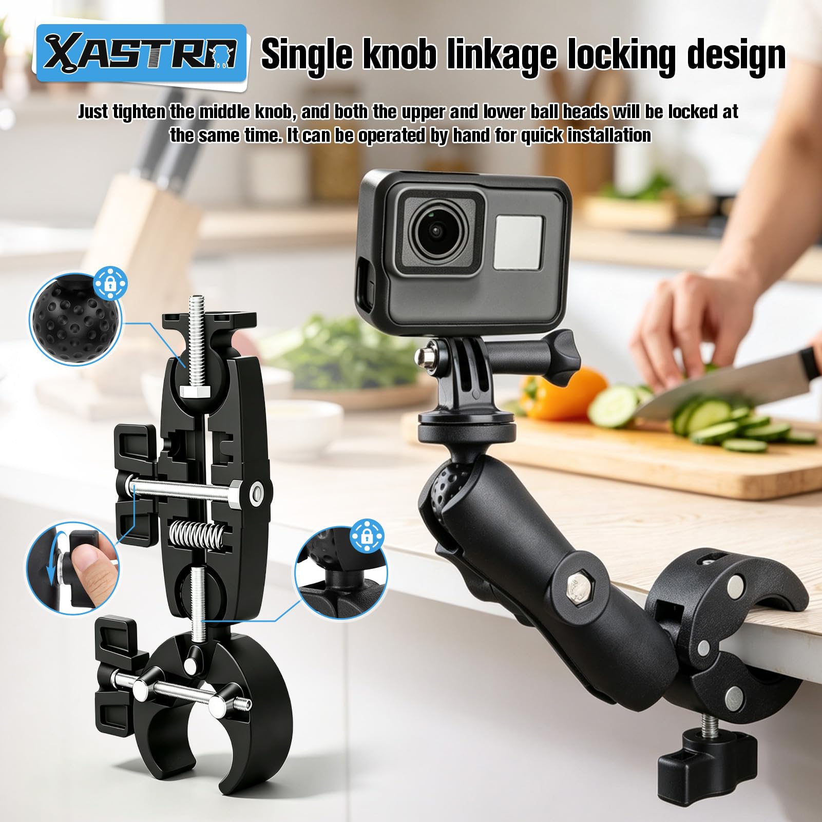Xastro Supporto da moto per Insta360 X4 X5, morsetto per fotocamera, supporto per bicicletta con bastone per selfie invisibile da 27-120 cm, doppio morsetto, compatibile con accessori per fotocamera