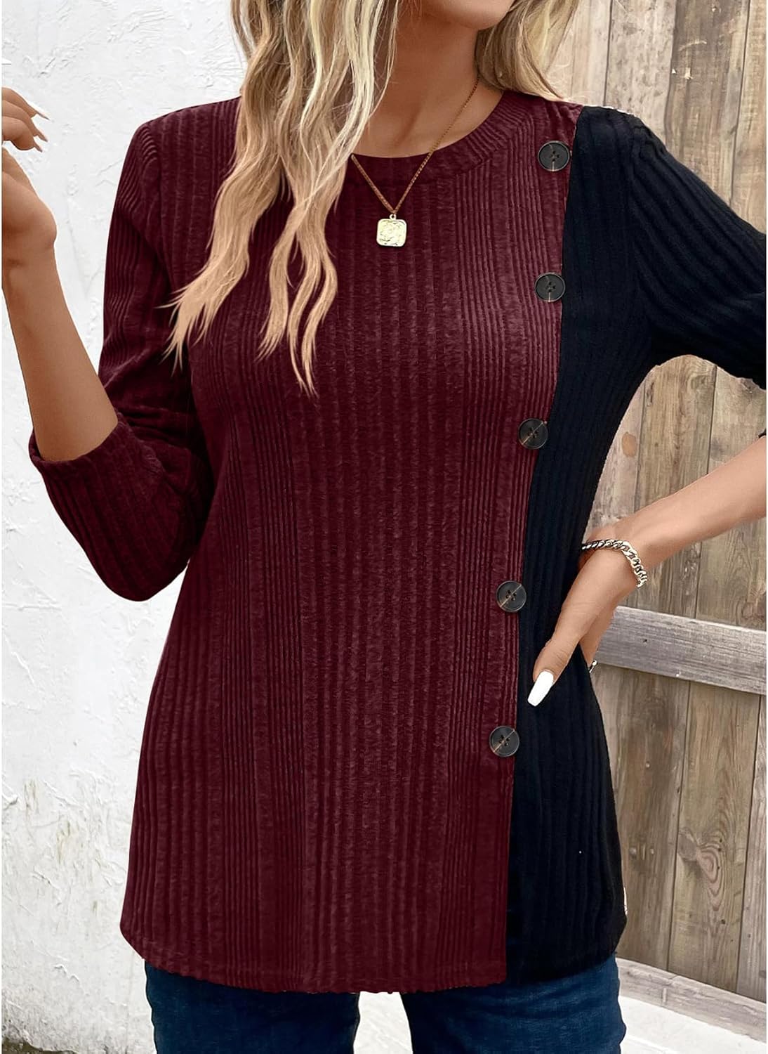 BAISHENGGT Tunic Tops for Women Dressy Casual Color Contrast Long Sleeve Blouse Crew Neck Streetwear T Shirts - Image 3