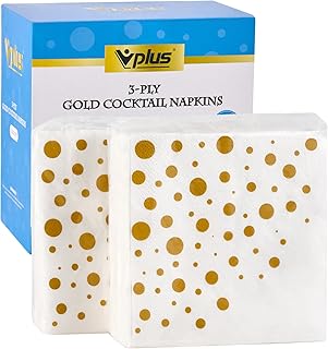 Vplus 100 Pack Cocktail Napkins Paper, 3-Ply Beverage Napkins, Disposable Gold Square Napkins, Perfect for Restaurant, Event, Bar, Wedding, Baby Shower and Birthday Party