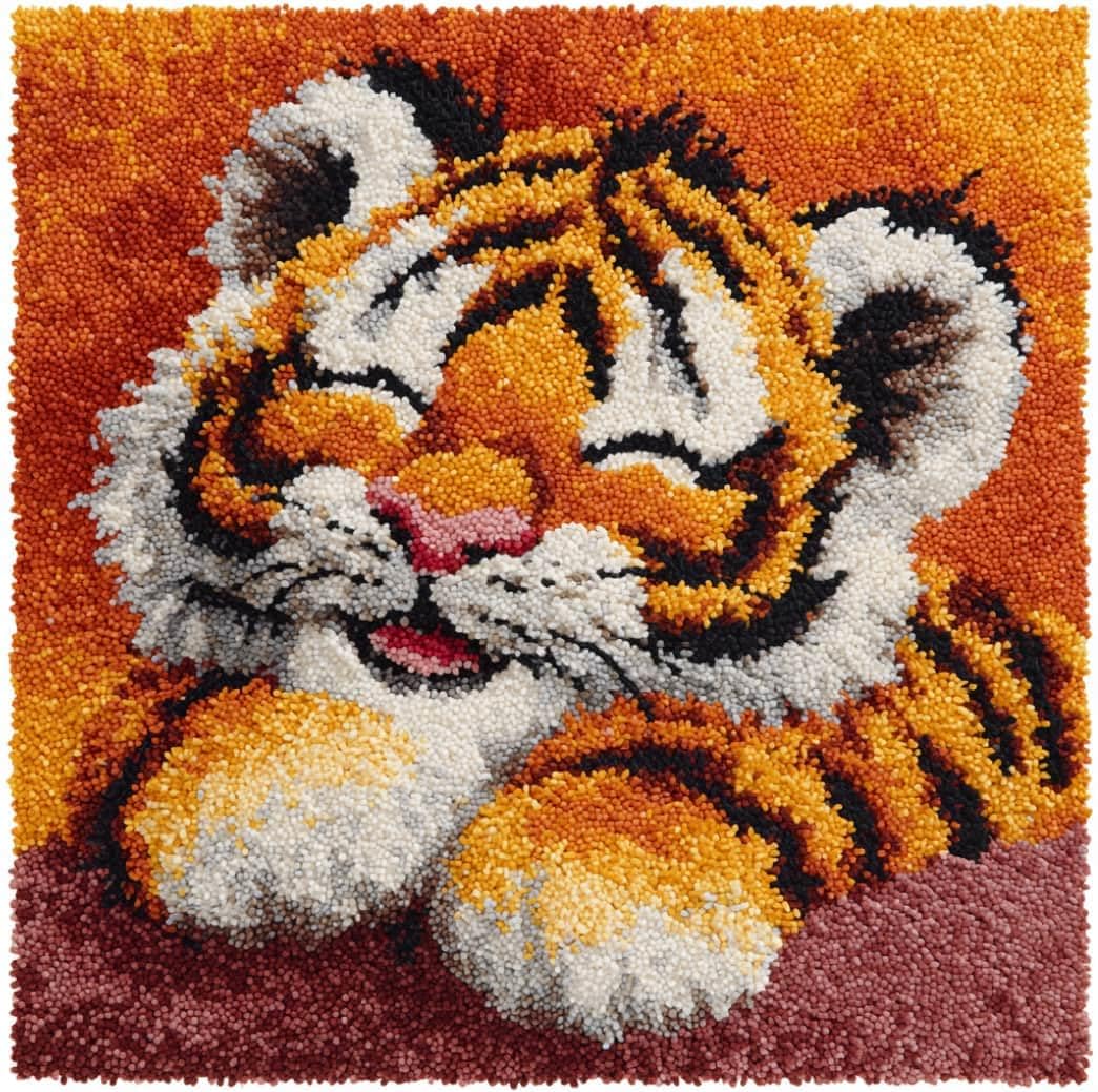 WallustrioaW DIY Latch Hook Pillow Kit,Tiger Pillowcase Kits Embroidery Kits 17X17 Inch DIY Needlework Pillow Cover Sofa Cushion Rug Making