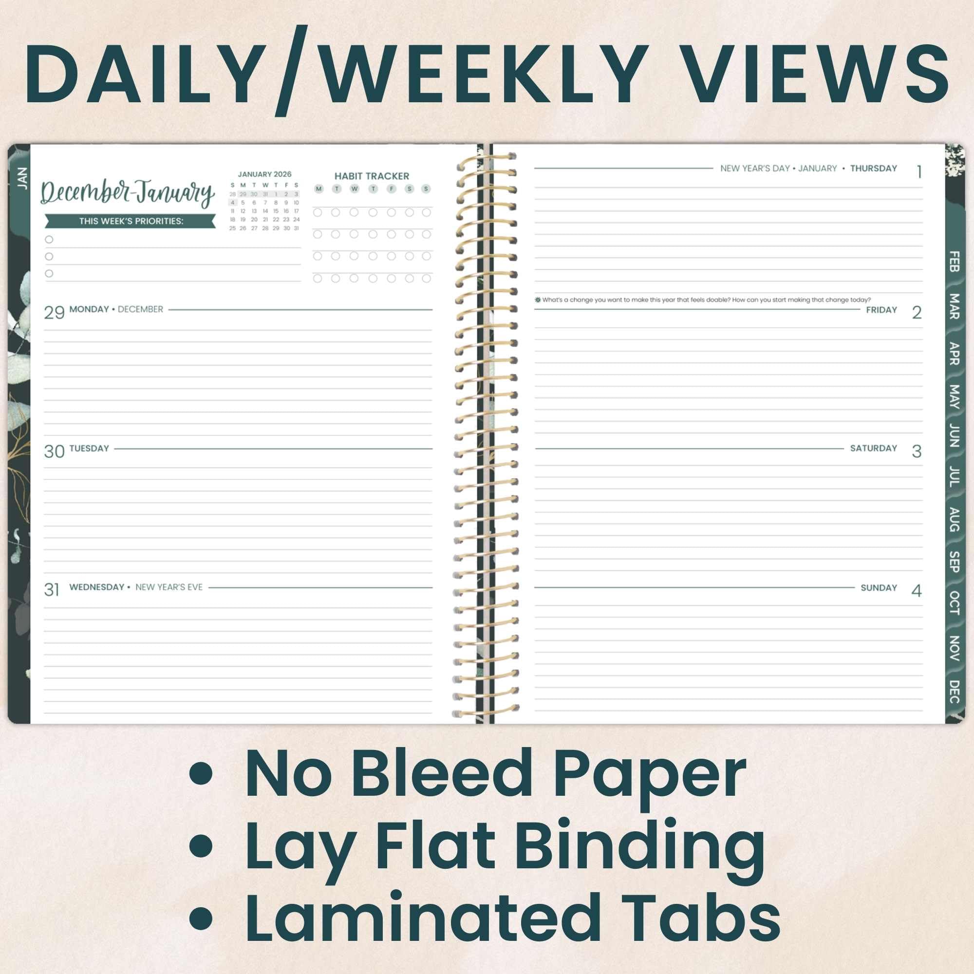 bloom daily planners Planer 2026 (od stycznia do grudnia) - 21,5 cm x 28 cm tygodniowy i miesięczny organizer z naklejkami i zakładkami - elastyczna miękka okładka - eukaliptus, zielony