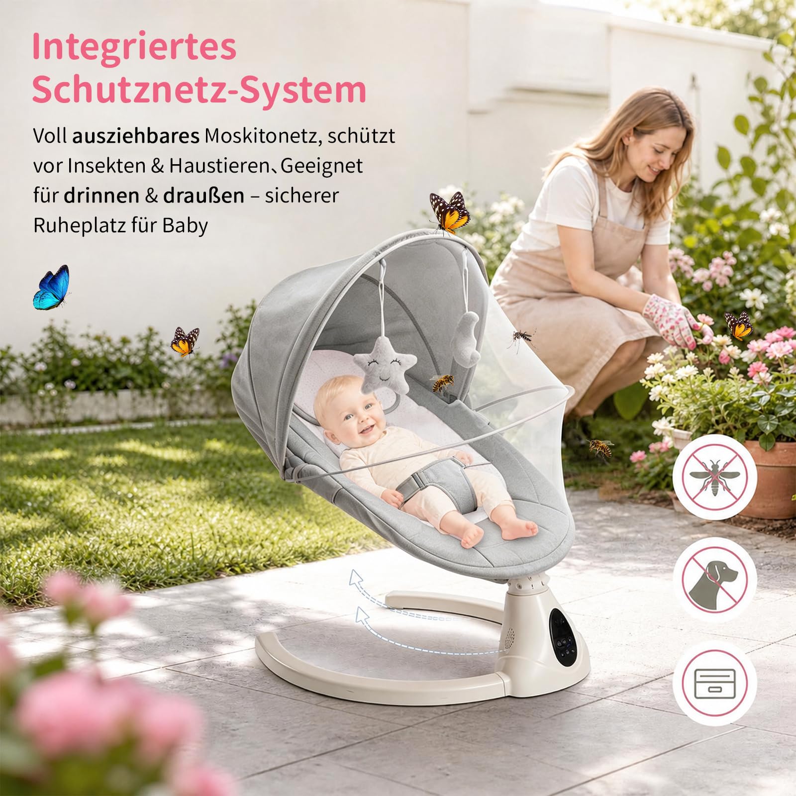 Elektrische Babywippe Schaukeln für Neugeborene, Baby Bouncer Newborn 0-6 Monate mit Weichem Stoff | Klappbarer Baby Rocker mit 5 Gängen, 3 Timer, Weichem Sitz, Bluetooth (Grau)