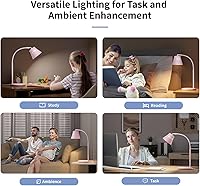 Vista 9 de AXX TU08 Pink Cute Desk Lamp with USB Charging Port, 650 Lumens 3-Color Modes, 5-Touch Dimming, 30/60-Minute Timer, 18-Inch LED Small Table Light