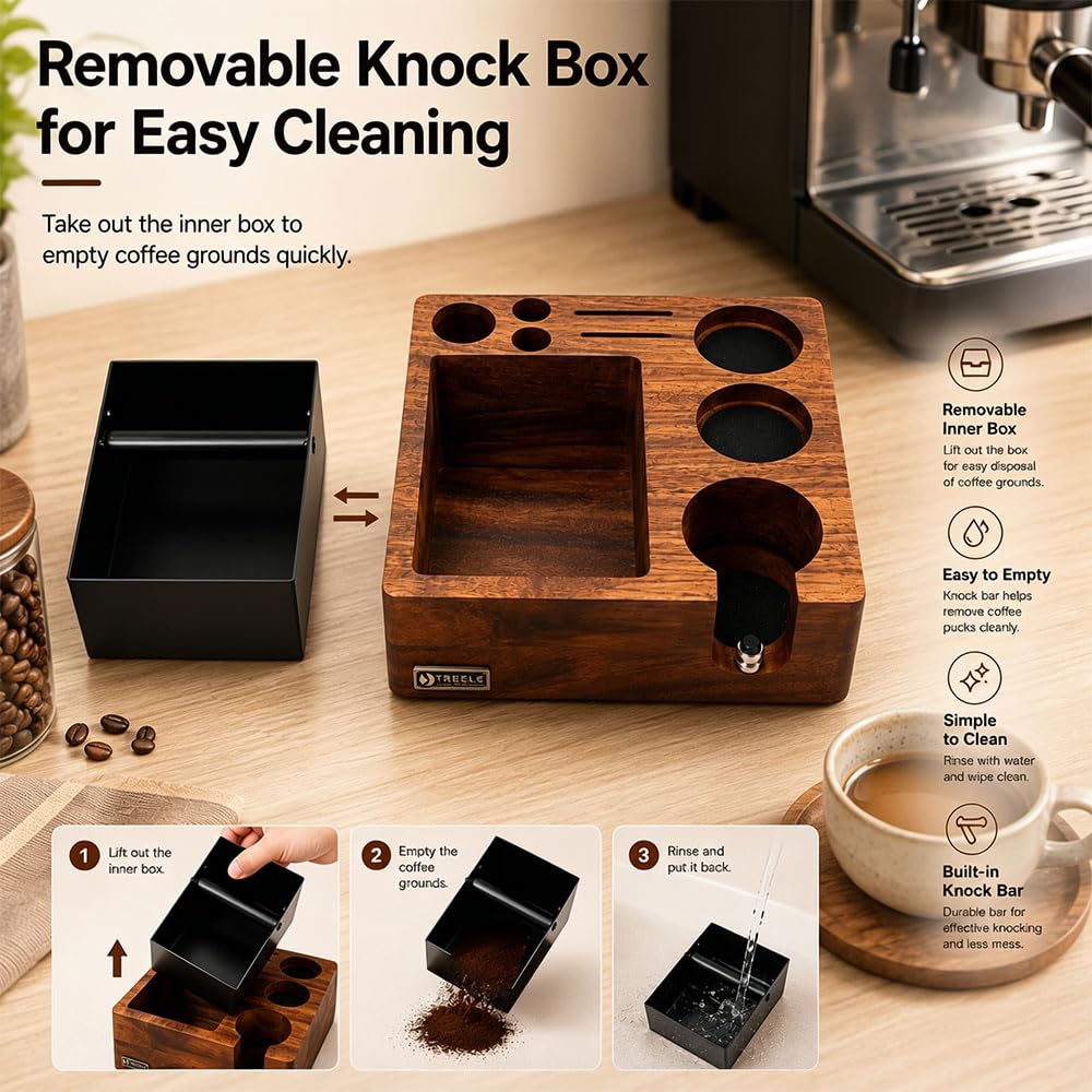 Espresso Tamperstation 58 mm z knock Box, z drewna orzecha włoskiego | Stacja tampingowa do espresso, stacja barista do ubijania z pojemnikiem, do sitka, tampera, rozdzielacza, sitka