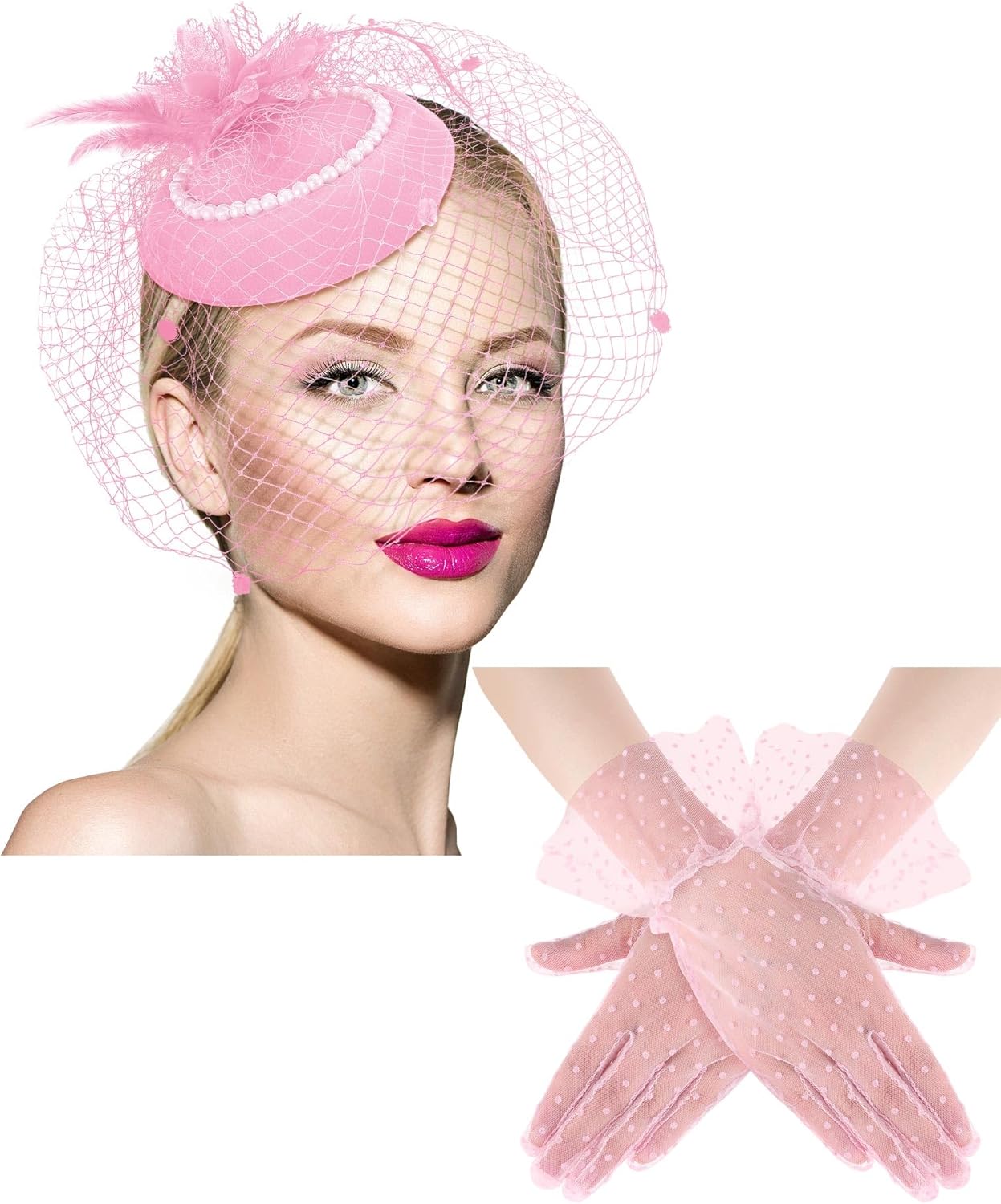 Geyoga 20s 50s Tea Party Hat Clip and Gloves Set Fascinator Hat for Women Funeral Pillbox Cocktail Clip with Veil