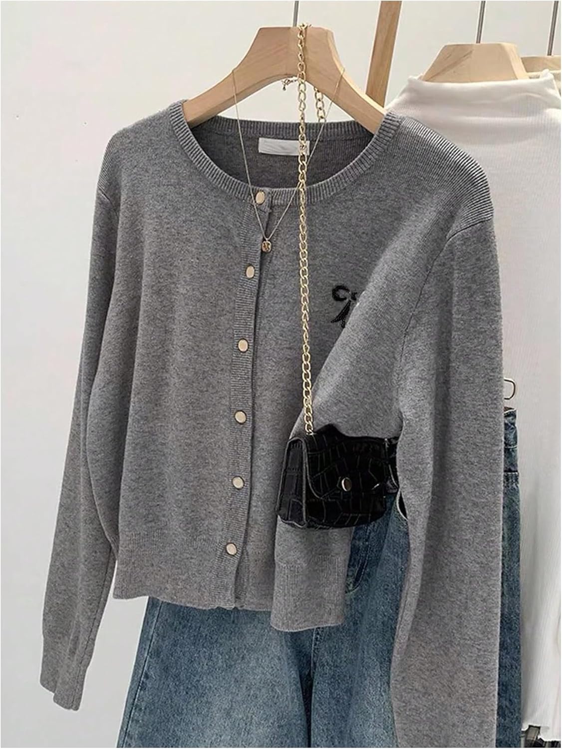 SweatyRocks Women's Crewneck Button Down Cropped Cardigans Long Sleeve Bow Embroidery Knitted Sweater Jacket - Image 3