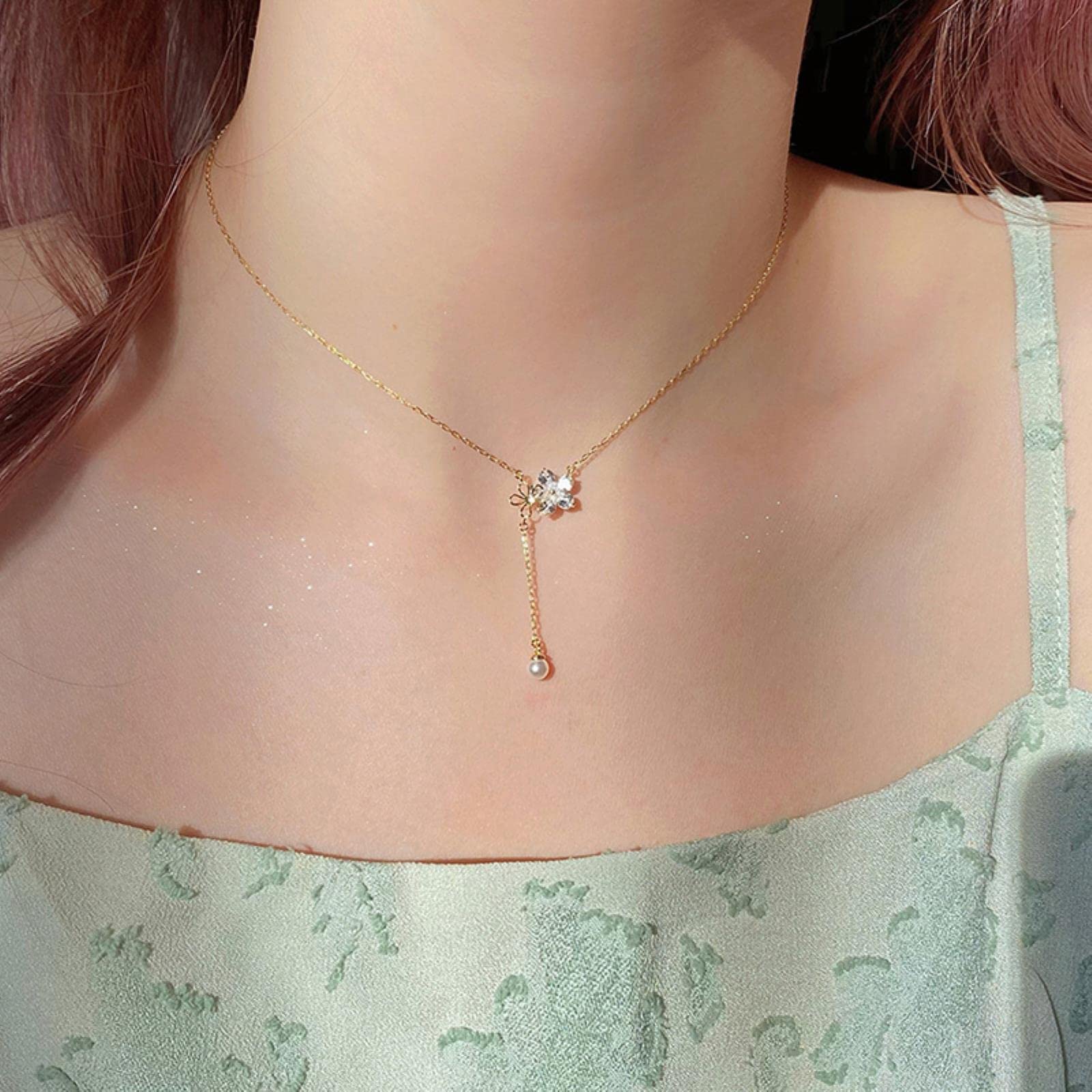 WZGWDC Collar con Colgante, Boutique Exquisita 925 circón Perla Flor Borla Femenina Dulce /