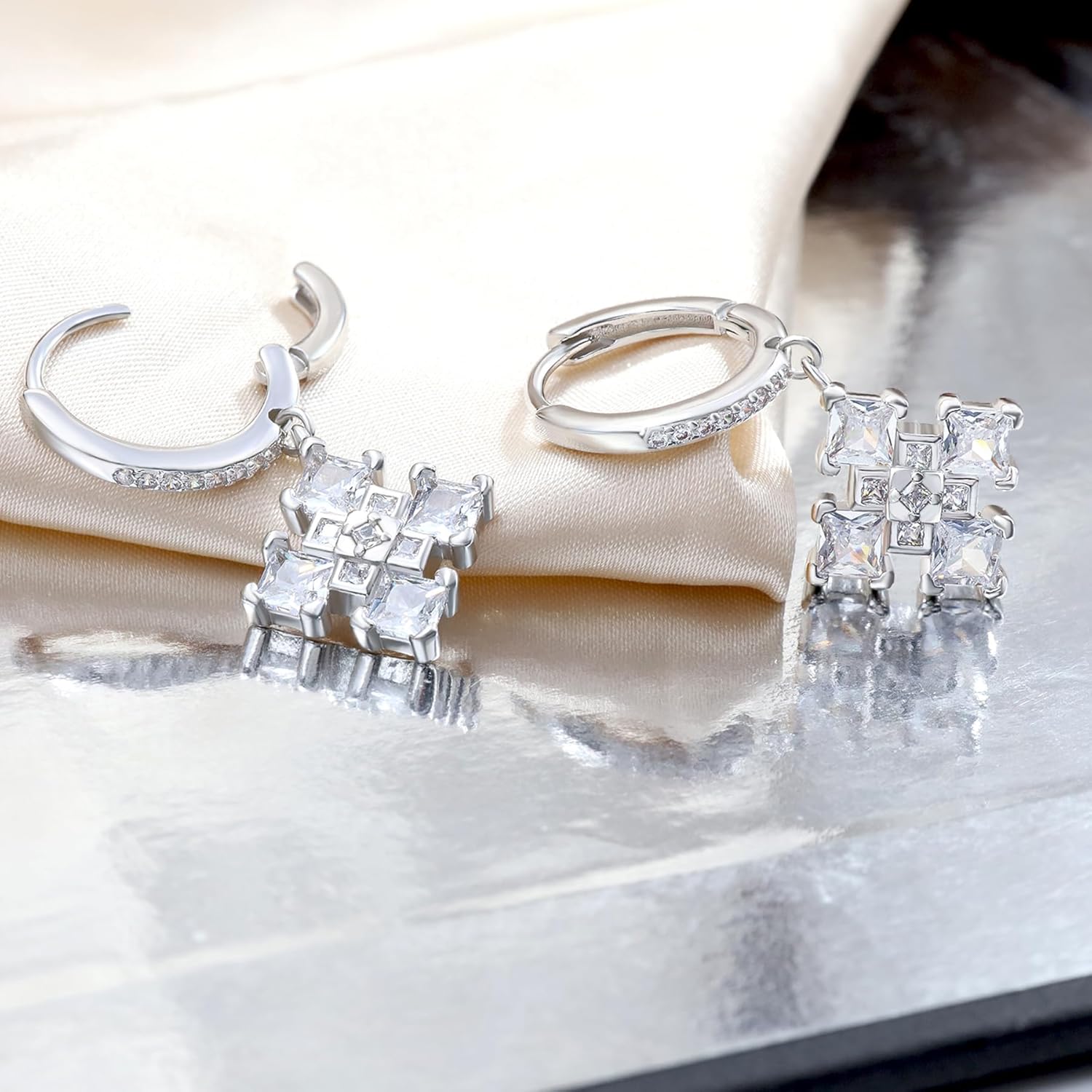 Sterling Silver Trendy Cross Dangle Hoop Earrings Dainty Huggie Hoop Fashion CZ Earring White Gold Plated Hypoallergenic Jewelry for Sensitive Ears Birthday Gift for Women - Image 4