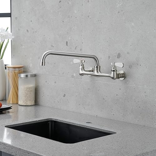 Miniatura 10 de Homevacious Grifo de cocina comercial de 2 manijas para montaje en pared, centro de 8 pulgadas con boquilla giratoria de 360 grados de latón de 16
