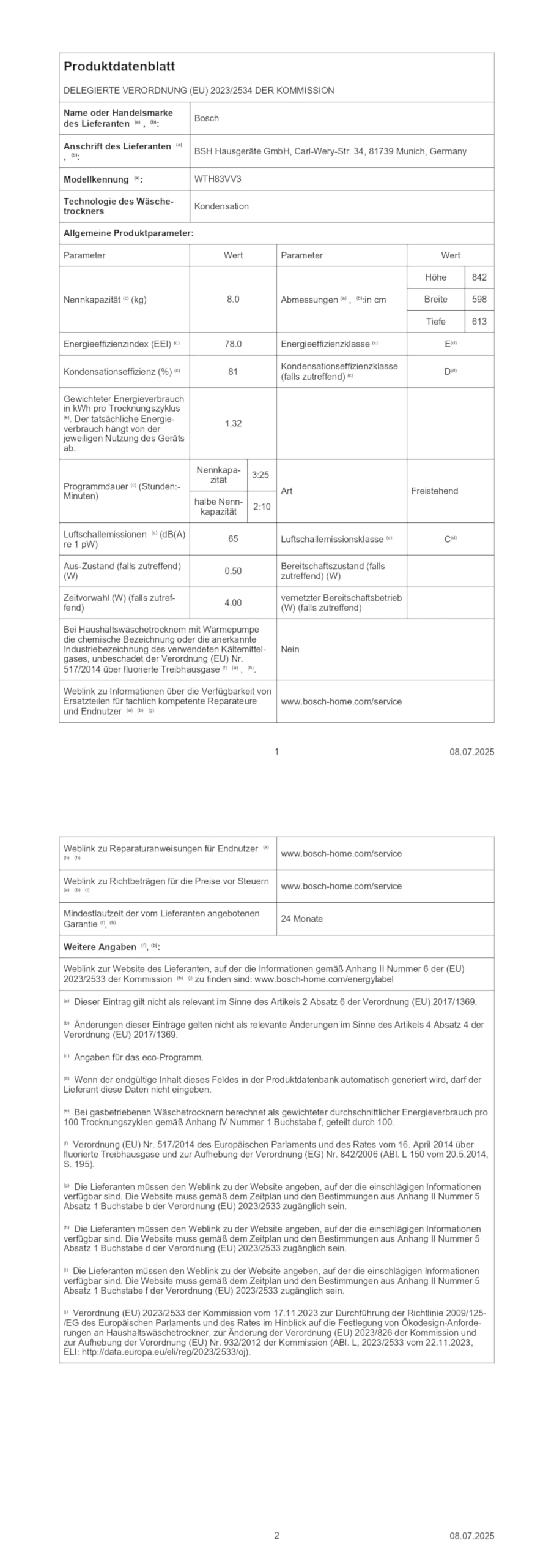 Bosch WTH83VV3 Serie 4 Wärmepumpentrockner, 8 kg, 236 kWh pro Jahr, AutoDry optimale Trocknung, Sensitive Drying-System textilschonende Trocknung, Umweltfreundliches Kühlmittel, Weiß