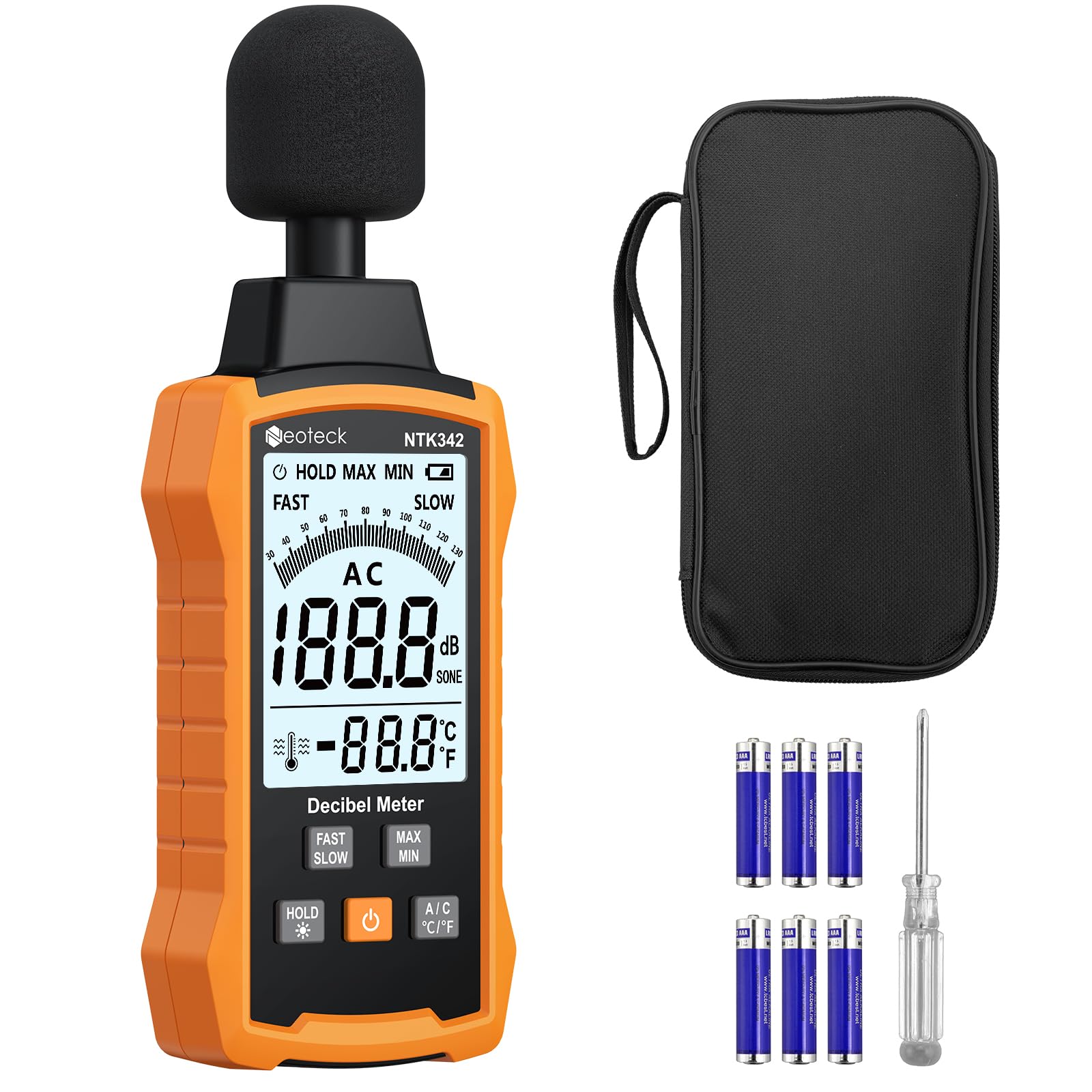 Neoteck Dezibel Messgerät Digital Tragbare Schallpegelmesser 30-130dB mit LCD-Display, A/C Gewichtet Schallpegelmessgerät für Heimfabriken