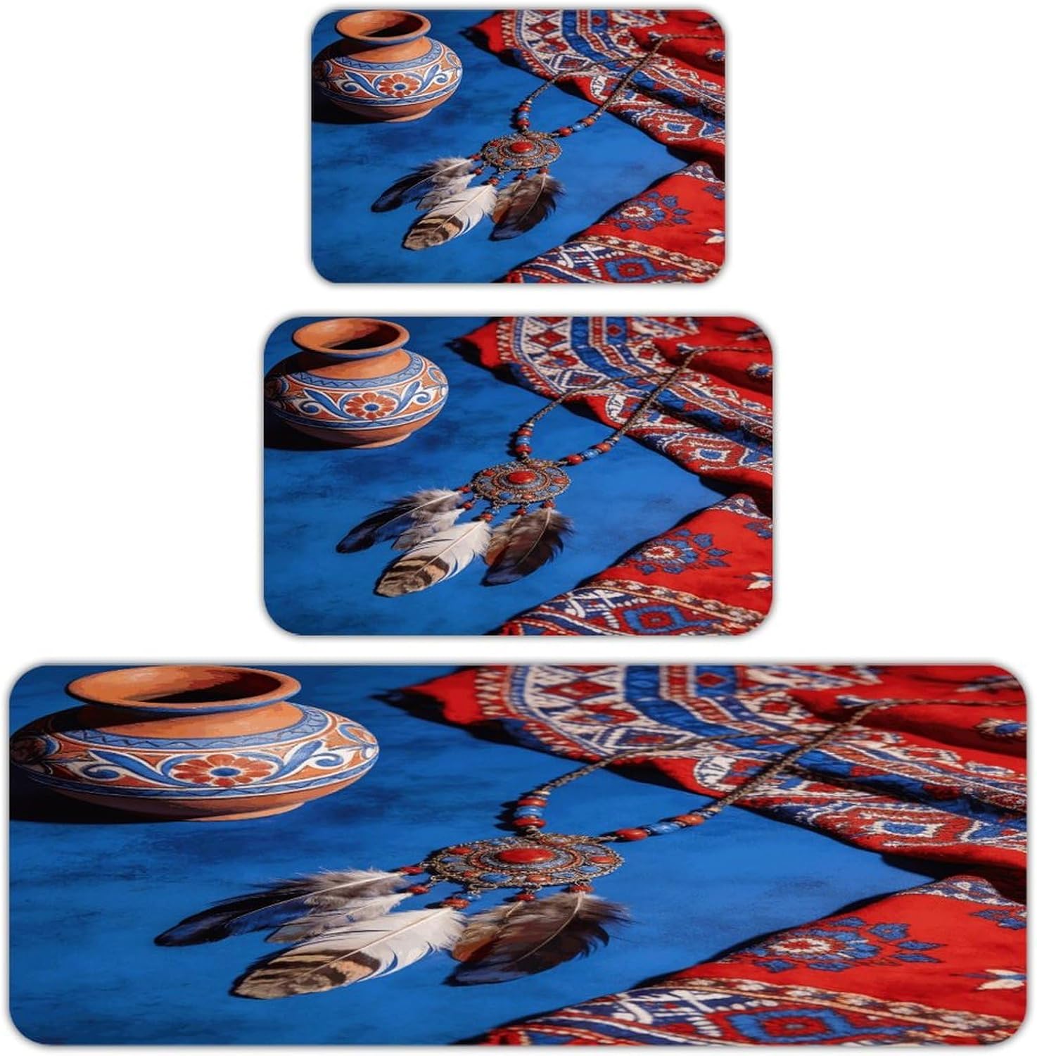 Boho Blue Red Kitchen Rugs Sets of 3 Non Slip Kitchen Mat for Floor Comfort Standing Rug and Mats Thick Cushioned Long Area Carpets for Laundry Room Entryway