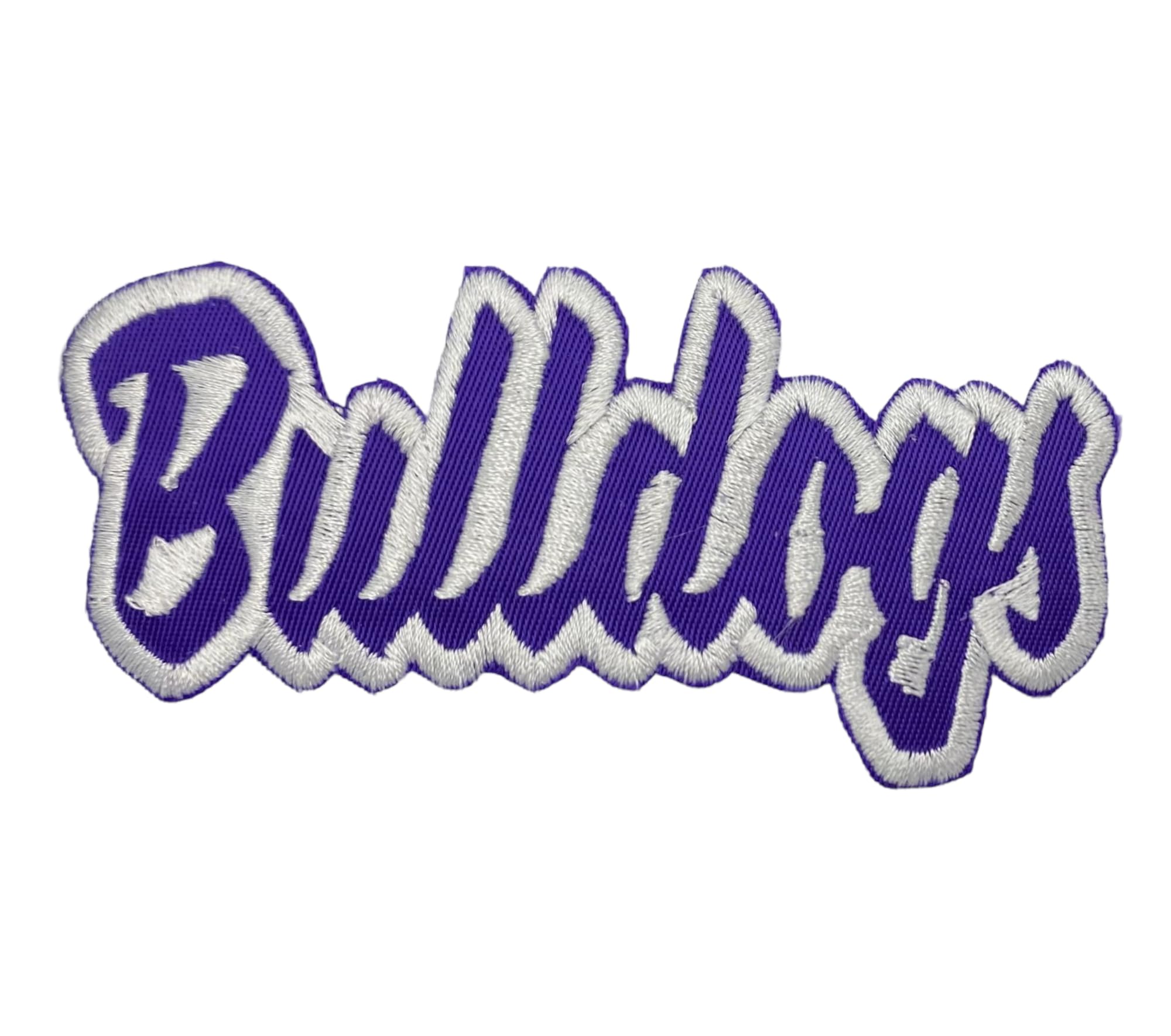 Bulldogs Mascot, Team Name, Embroidered, Iron on Patch (Purple Twill/White Outline)