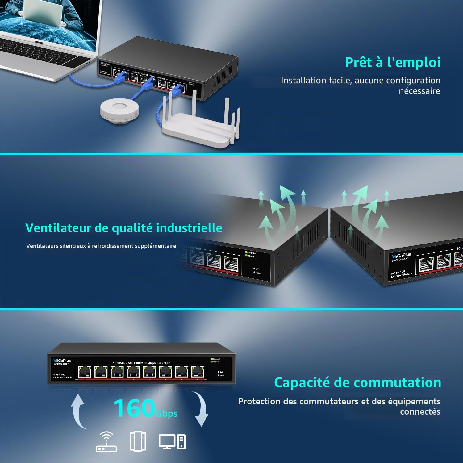 8-Port 10 Go Ethernet Switch Non géré, 8x10 GBE Base-T Ports, commutateur réseau Gigaplus 10G pour 10 Gbps NAS, PC, routeur WiFi7, Adaptateur de 10 Gbit Bureau / Support de Rack de 19 Pouces