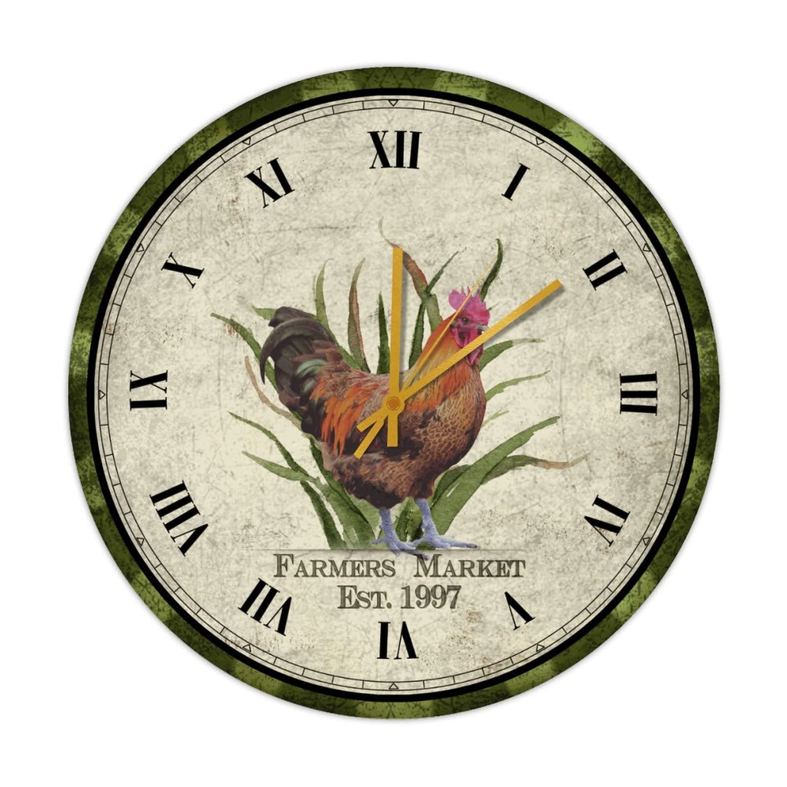 Horloge murale à quartz pour cuisine et salon rustique, décoration bois effet vintage coq