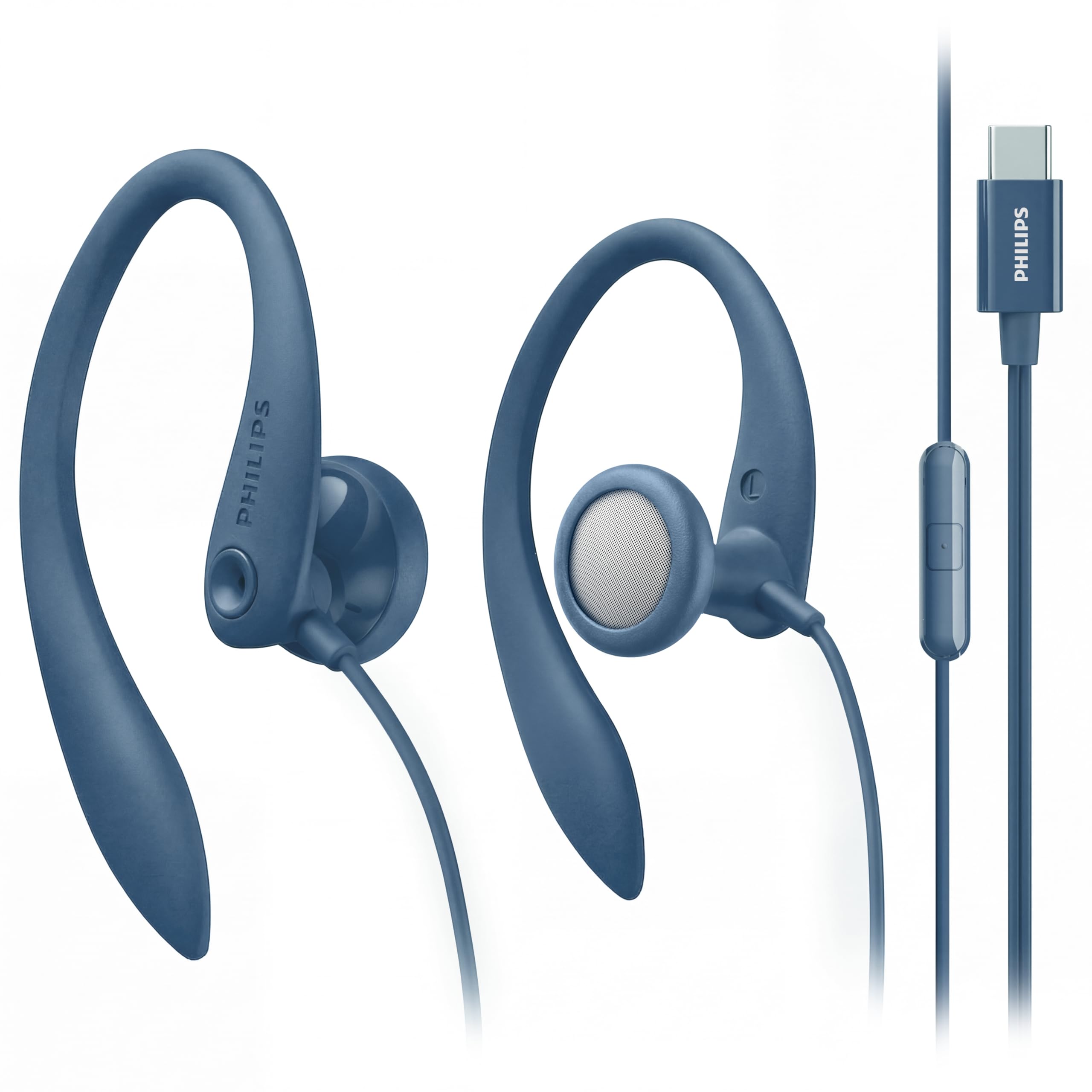 Philips USB-C Wired Earbuds with Microphone, Secure Fit Over-Ear Sport Earhooks, Deep Bass 15mm Drivers, in-Line Controls, Plug-and-Play USB-C Earphones, Wired Open Ear Headphones for Running & Gym USB-C WITH MIC Blue