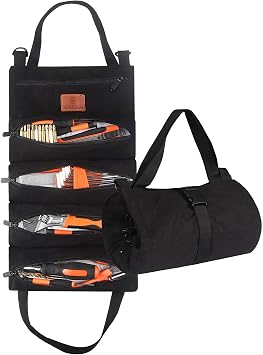 Roll Up Tool Bag, 16OZ Canvas Wrench Roll Up Pouch Multi-Purpose Tool Roll Organize, 5 Zippered Tool Pockets Black