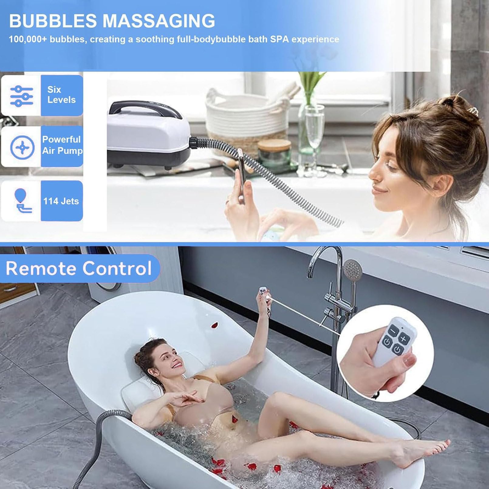 Massaggiatore portatile per bagnoschiuma, tappetino antiscivolo impermeabile spa con fondo a ventosa, tappetino vasca da bagno con telecomando e cuscino, pompa dell'aria elettrica e bolle regolabili
