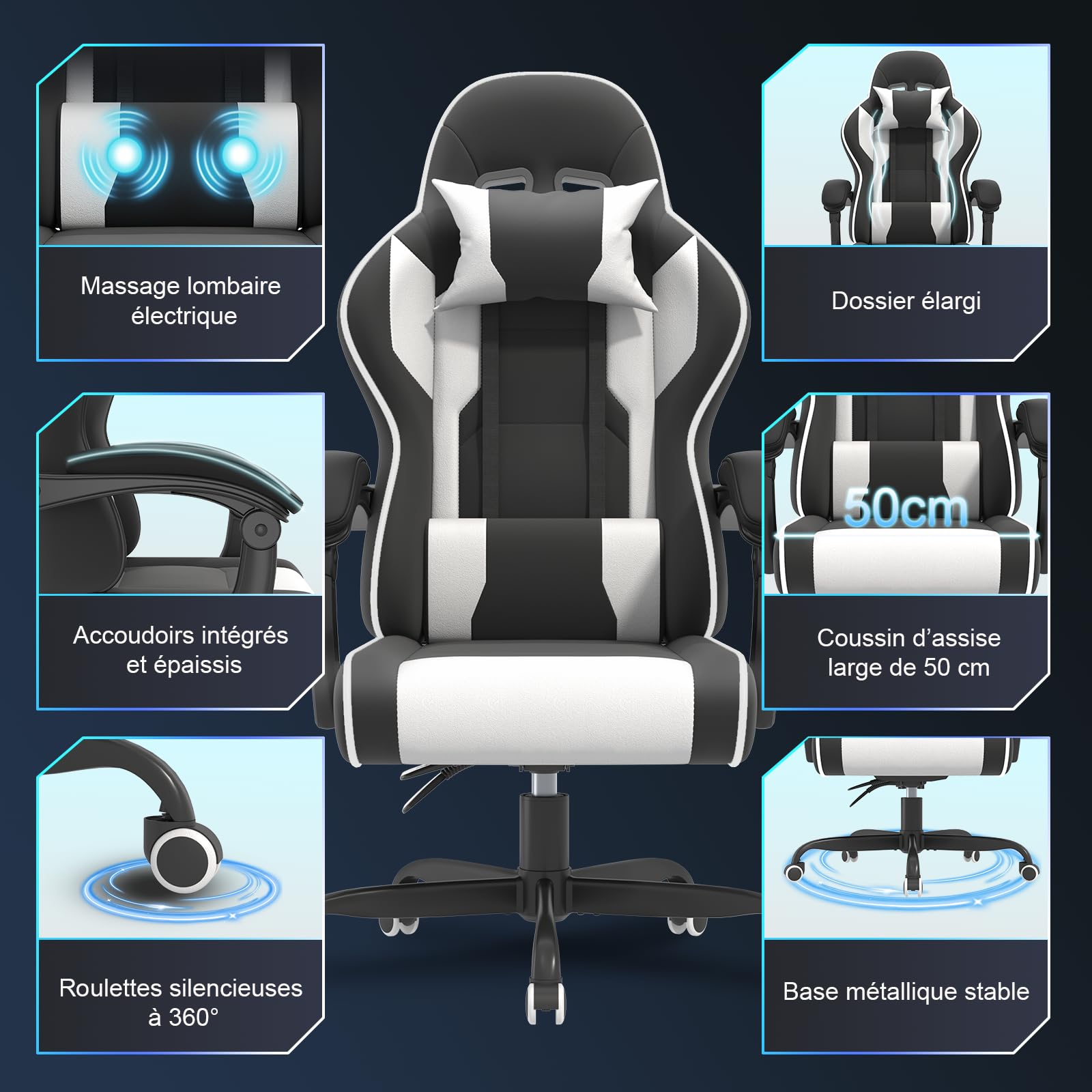 JUMMICO Chaise Gaming avec Massage Lombaire, Chaise Bureau Ergonomique avec Dossier Inclinable, Fauteuil Gaming avec Assise Douce et Résistante, Idéale pour Jeux et Boulot, Blanc