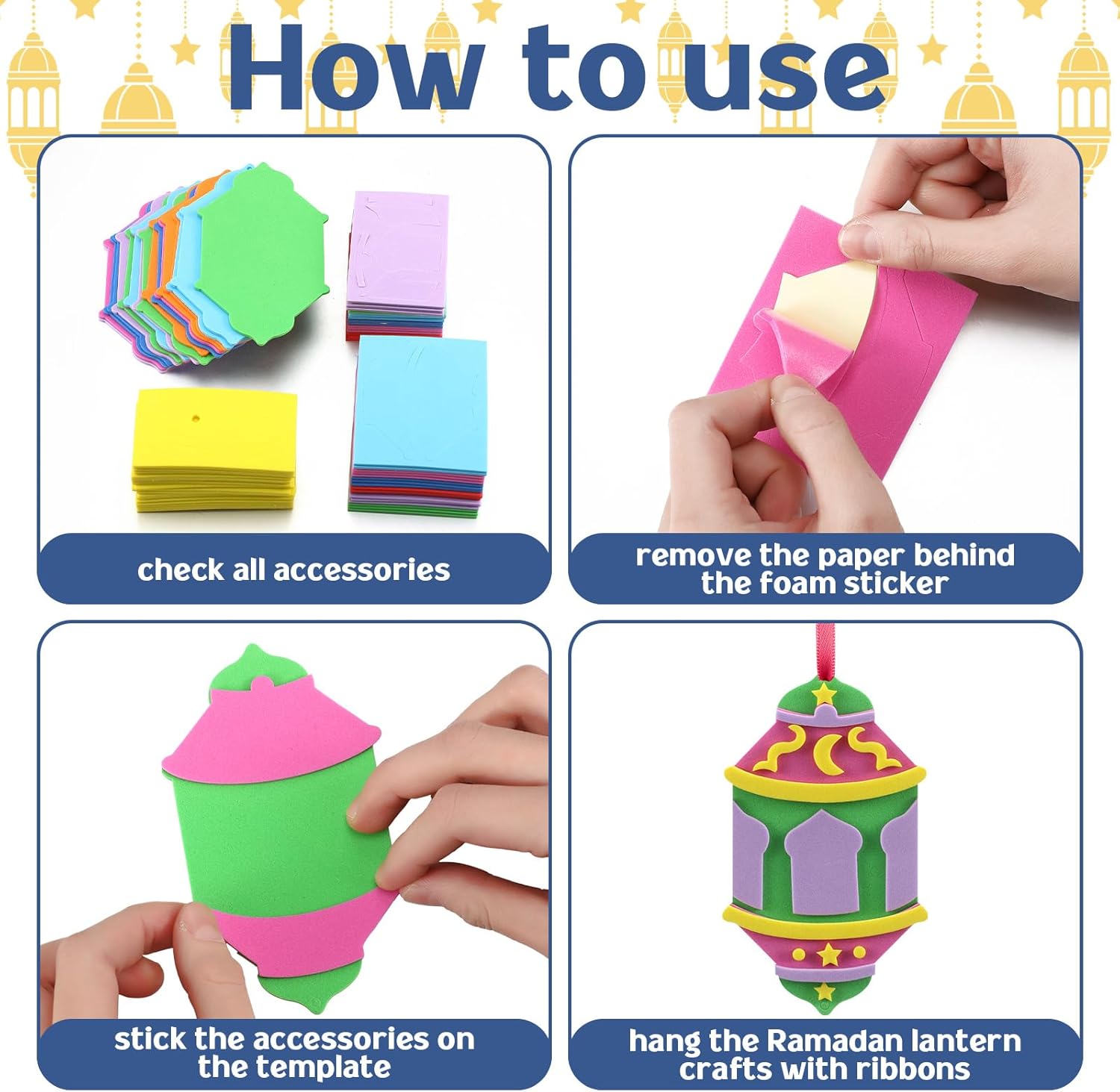 VIHOSE 24 Pack Ramadan Lantern Mix and Match Crafts Kits DIY Make You Own Eid Al-fitr Foam Arts and Crafts Ornaments with Colorful Ribbons for Muslim Ramadan Party Decorations