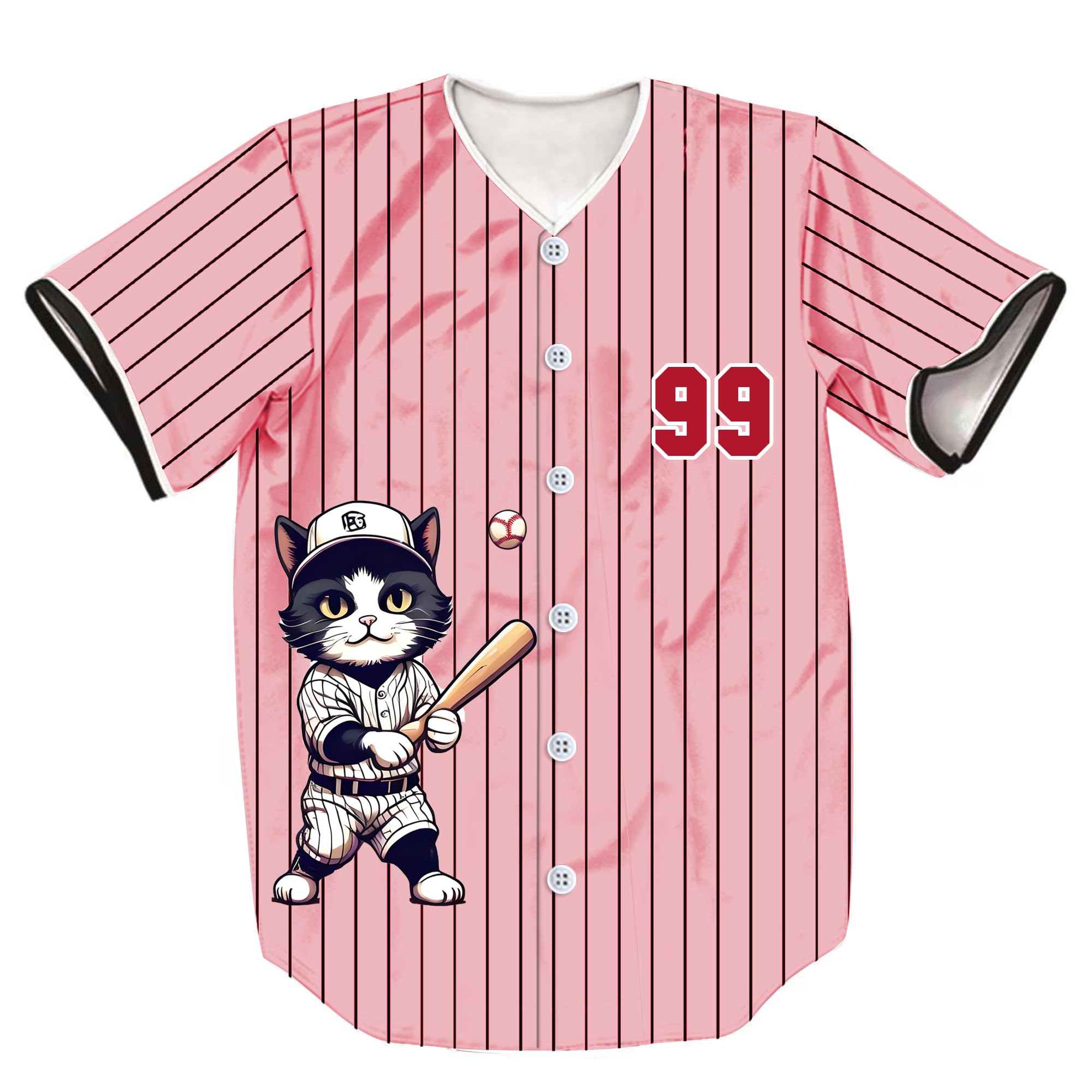 ZIBRAL Unisex Retro Cute Baseball-Cat 99 Baseball Jersey Short Sleeve Baseball Cardigan ZJ001-Pink-S
