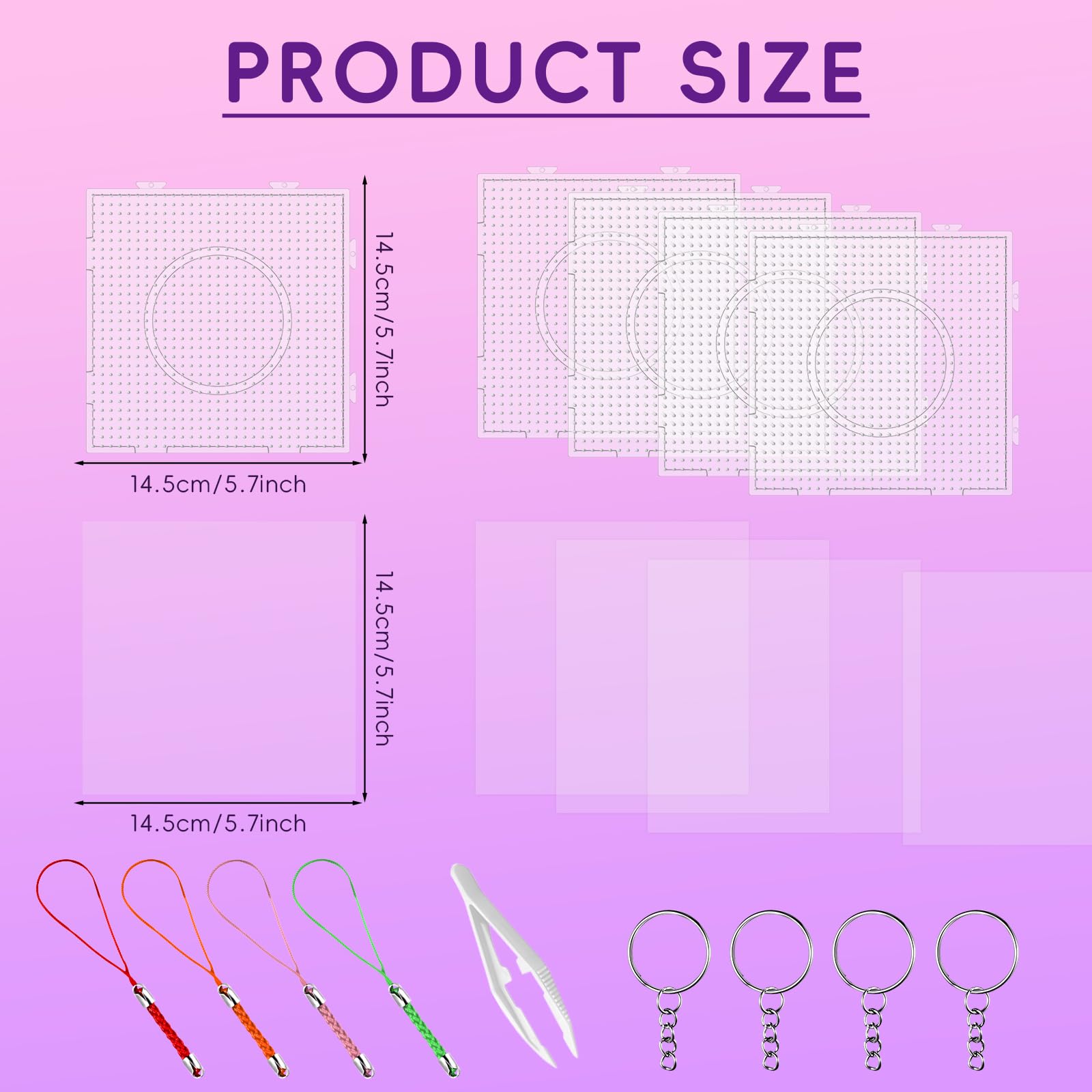 lompyeu Beads Plantilla,Juego de 4 placas de cuentas para plancha(14.5 * 14.5cm) con 4 Hojas de Planchado, 4 Cordones, 4 llaveros y 1 par de pinzas