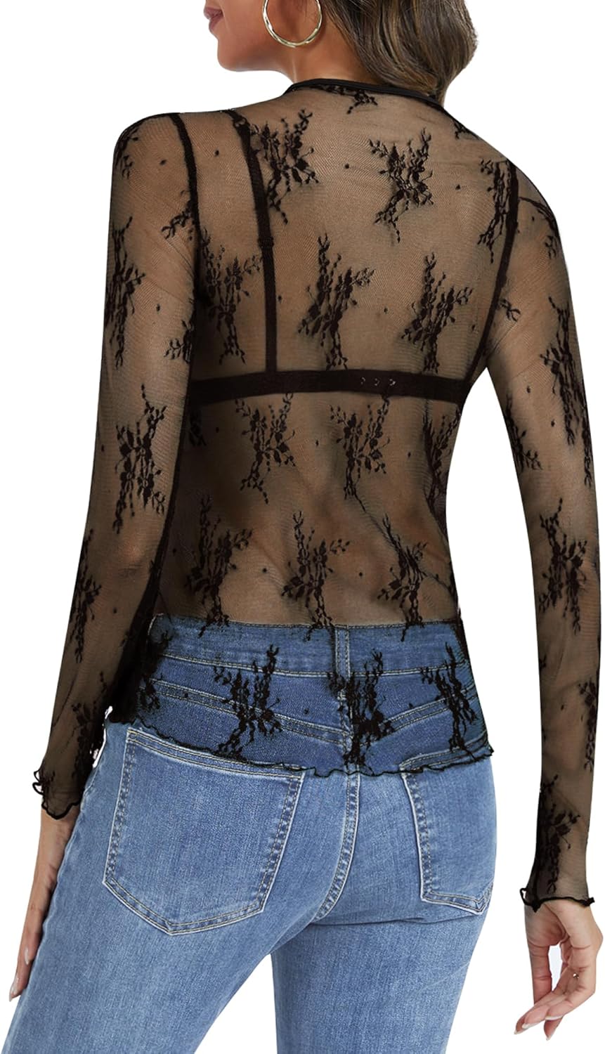 Lace Long Sleeve Tops for Women Mesh Sheer Sexy Undershirt Crew Neck Floral See Through Shirts - Image 4