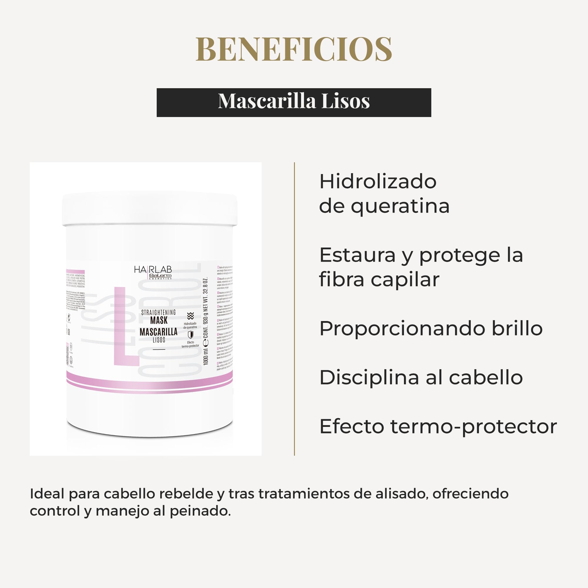 SALERM - Mascarilla Alisadora Pelo - Lisos Hair Lab - 1000 ml - Alisado Perfecto para Cabello Rebelde - con Queratina Hidrolizada y Aceite de Coco - Protector de Calor para el Pelo - Elimina el Frizz