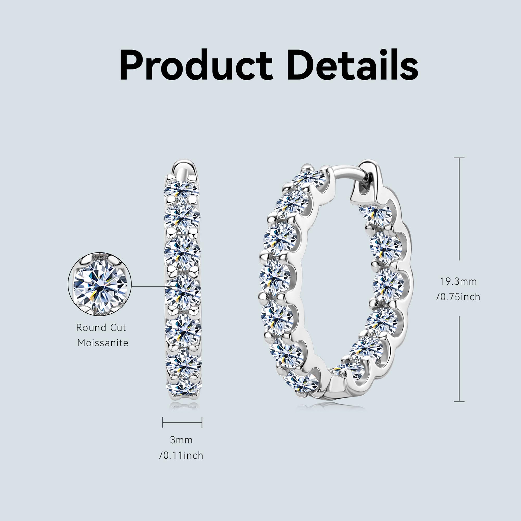 Aretes de aro de moissanita para mujer, plata de ley 925 con diamantes de imitación de moissanita de color D-E, pequeños aretes de aro para orejas sensibles, hipoalergénicos con chapado en oro blanco