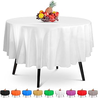 5 Pack Premium Round White Plastic Tablecloth - 84 x 84 in. Disposable Round Plastic Table Cloth - Decorative Round Table Cover Smooth Table Cover - Disposable Table Cloths For Parties, Weddings
