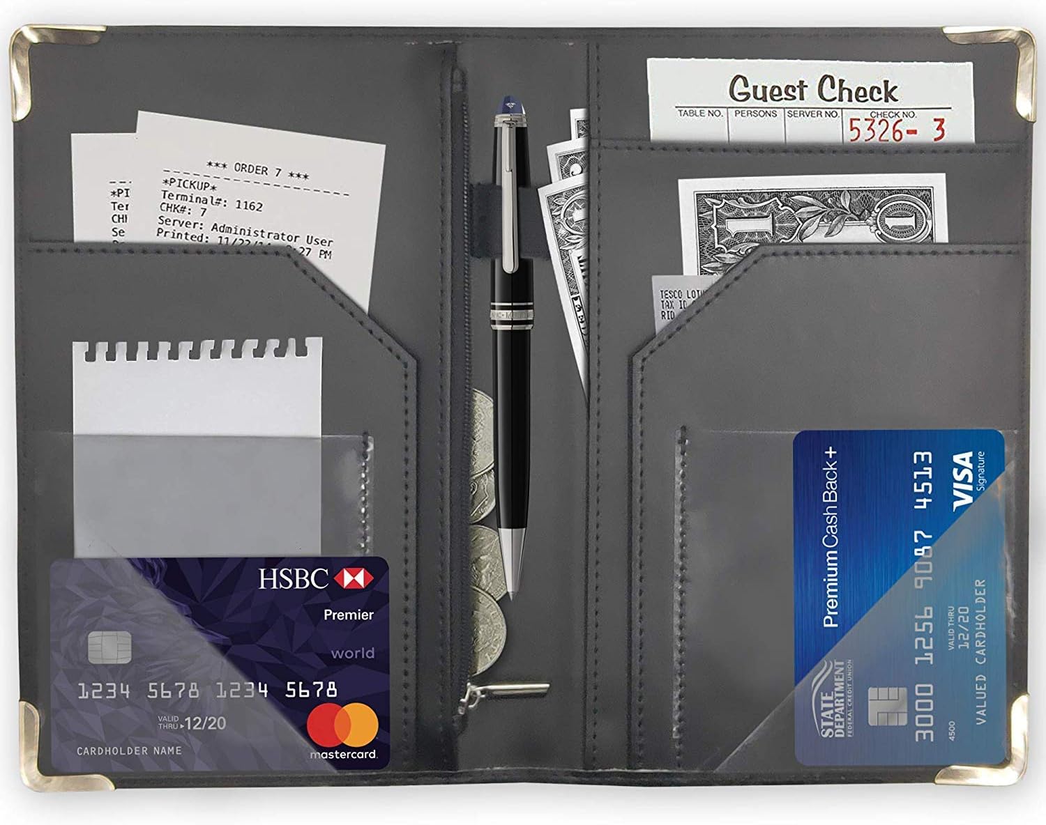 Server Book Organizer for Waitress | 9 Pockets, 4 Metal Protective Corners, Zipper Pouch and Pen Holder | waiter waitress wallet for restaurant waitstaff | Black Leather Non Glitter (6 Colors)