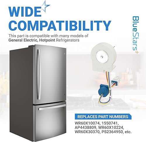 Vista 5 de BlueStars WR60X10074 WR60X10307 Pieza de repuesto del motor del ventilador del evaporador – Compatible con refrigeradores GE Hotpoint – Reemplaza