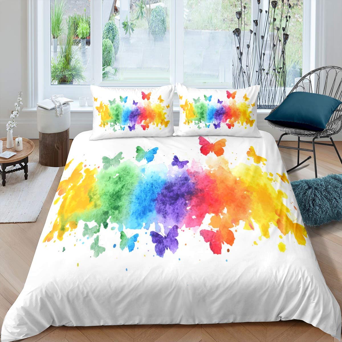 Loussiesd Boho Psychedelic Comforter Cover Set Colorful Tie Dye Bedding Set Rainbow Butterflies Print Duvet Cover for Kids Girls Bohemian Gypsy Quilt Cover Bedroom Collection 3Pcs Super King Size