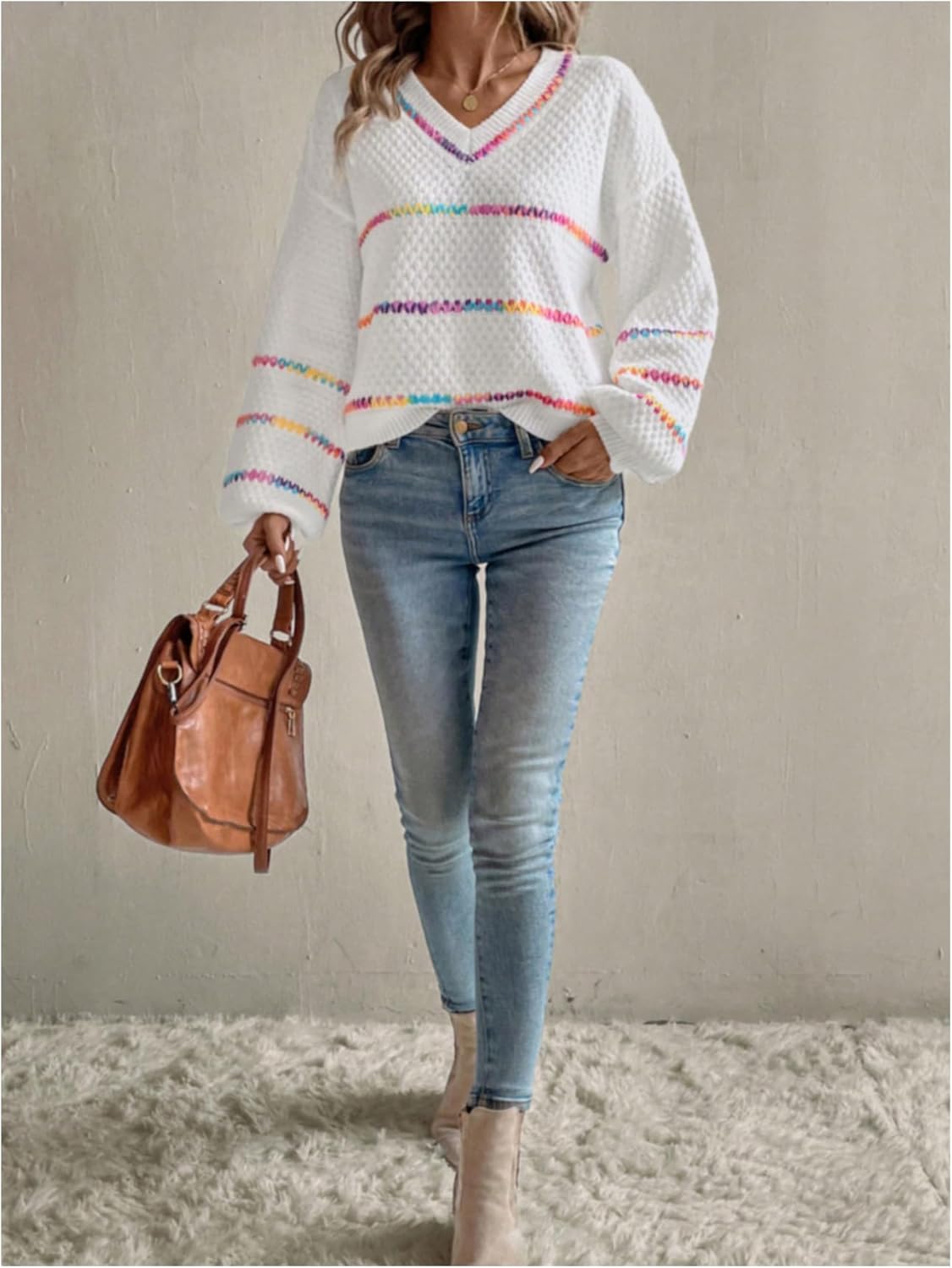 Verdusa Women's Striped Oversized Sweaters Cozy Pullover V Neck Knit Sweater Fall Winter Clothes - Image 6