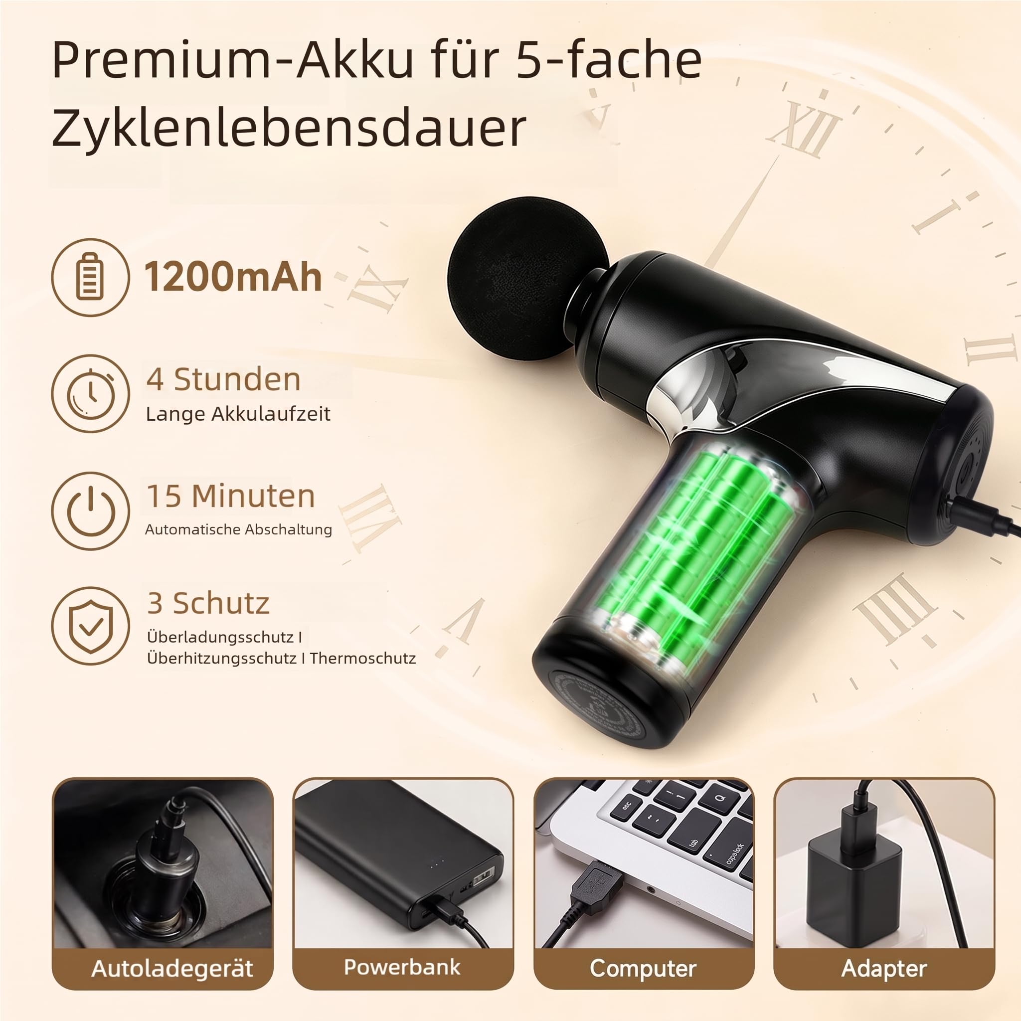 Mini pistolet do masażu, pistolet do masażu z 6 regulowanymi stopniami i 4 wymiennymi głowicami, urządzenie do masażu do biura, fitnessu, podróży, 3200 obr./min, cichy poniżej 45 dB, USB-C, 400 g