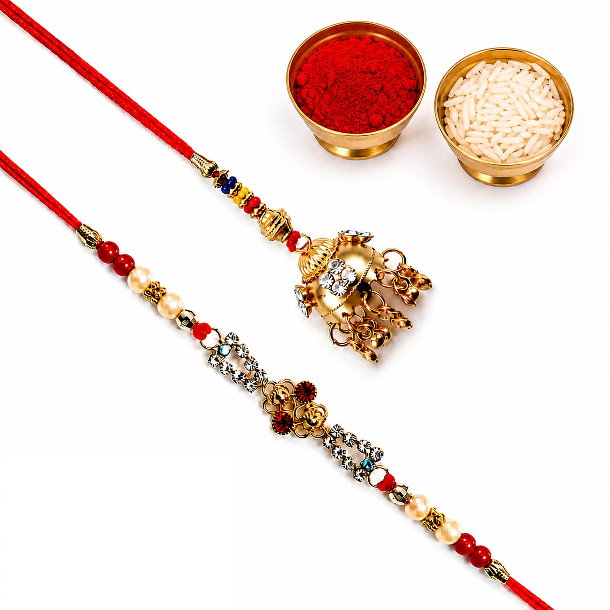 Cyan Collection Designer Brother Rakhi & Gold Jhumka Lumba Combo with Roli Chawal | Traditional Red Mauli Thread | Raksha Bandhan Gift for Bhaiya Bhabhi | Set of 2-image-23