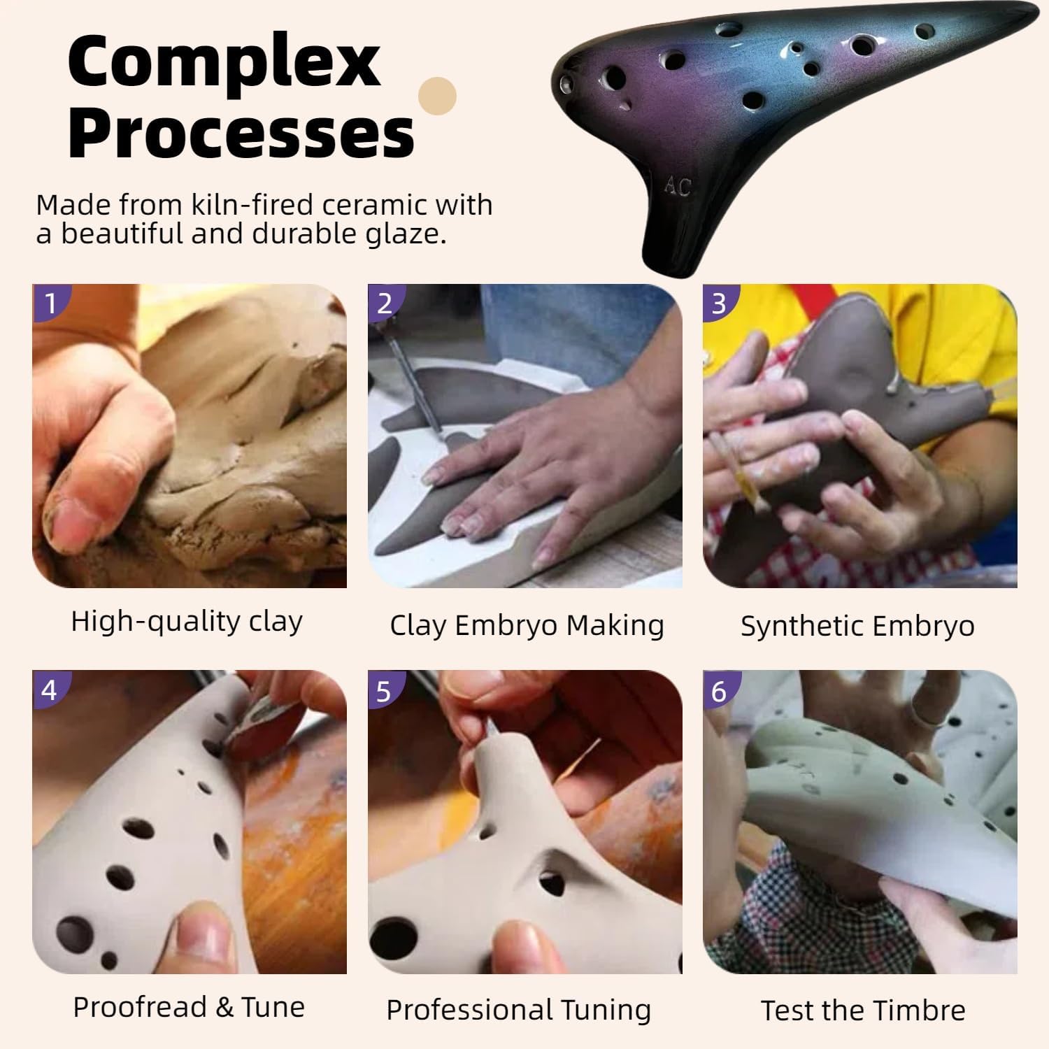 12 Hole Ocarina Instrument With Song Book for Beginner,Alto C Ceramic Ocarina(Starry Blue & Purple & Black)