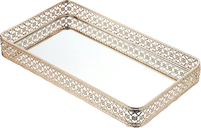 BSTKEY 35x20cm Vanity Mirror Tray Jewelry Trinket Tray, Decorative Tray for Cosmetic Makeup Dresser Bathroom Bedroom Countertop Organizer, Gold